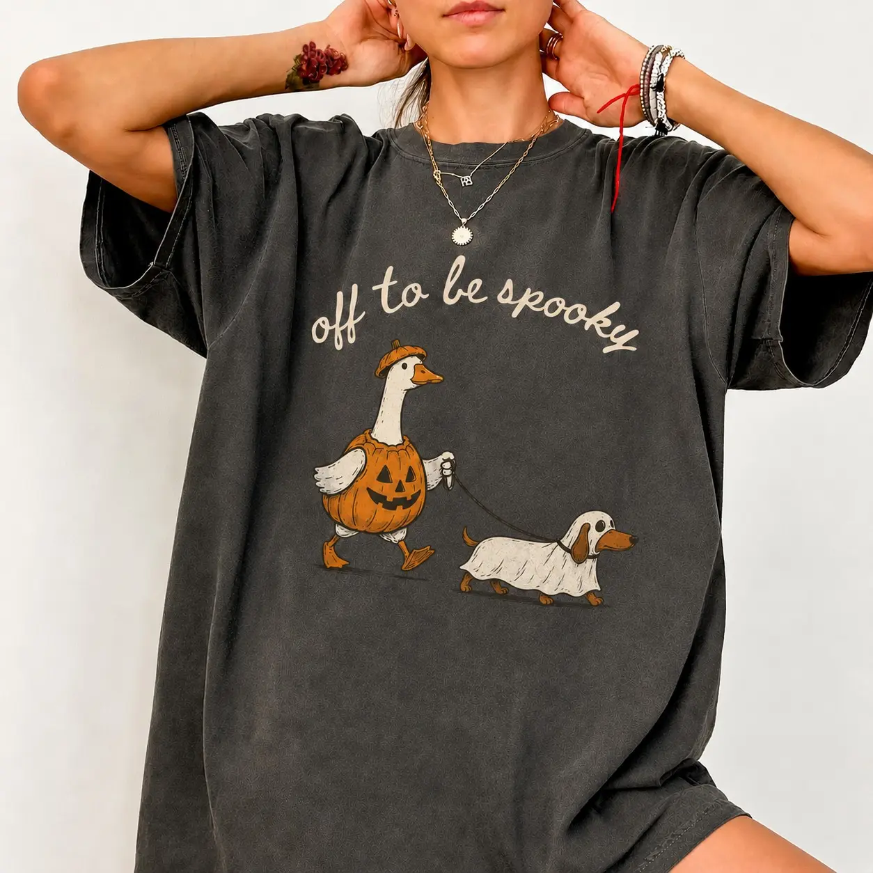 Off to Be Spooky Goose Halloween Sweatshirt, Funny Walking Ghost Dog Cute Pumpkin Fall Season Graphic Top - photo 4