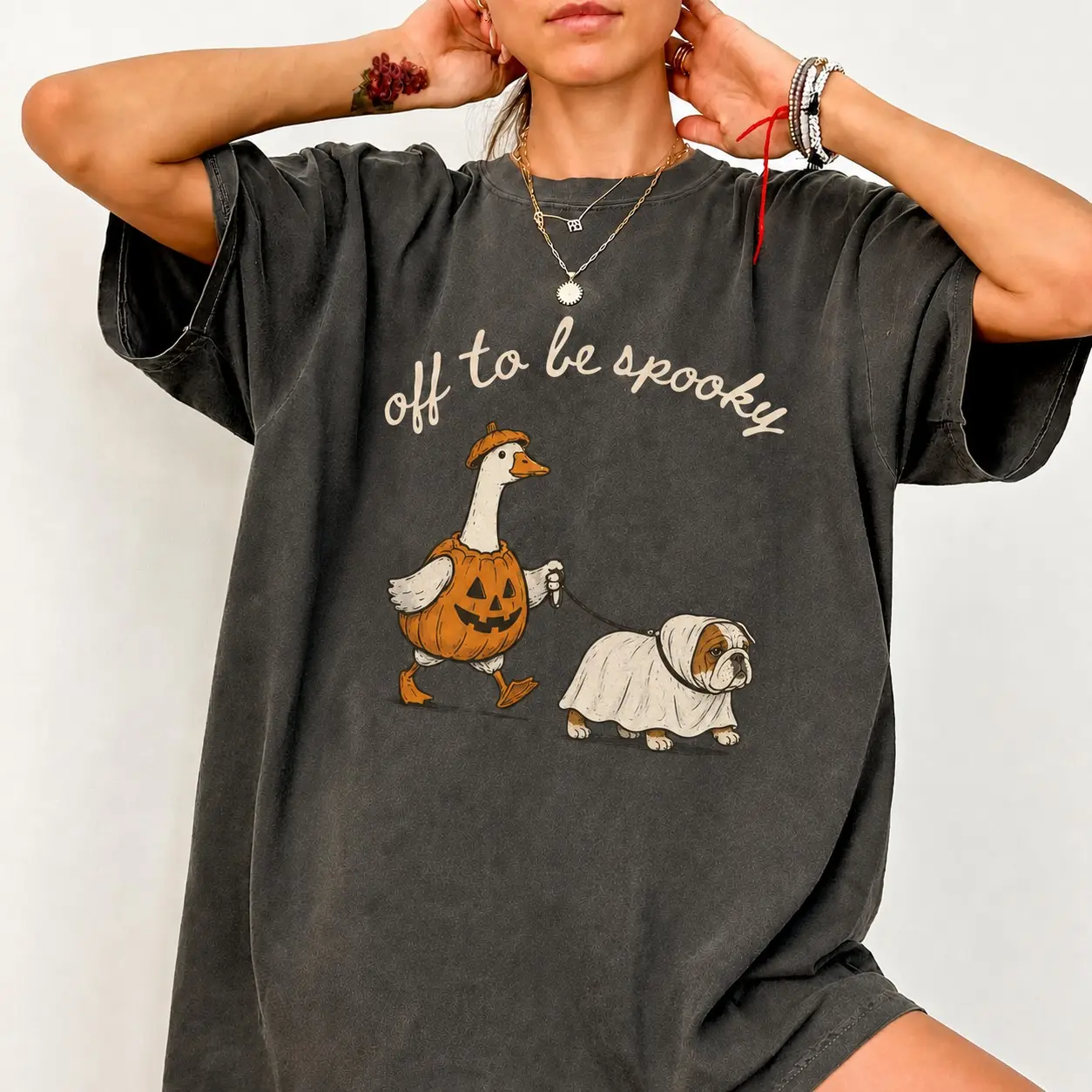 Off to Be Spooky Goose Halloween Sweatshirt, Funny Walking Ghost Dog Cute Pumpkin Fall Season Graphic Top - photo 5