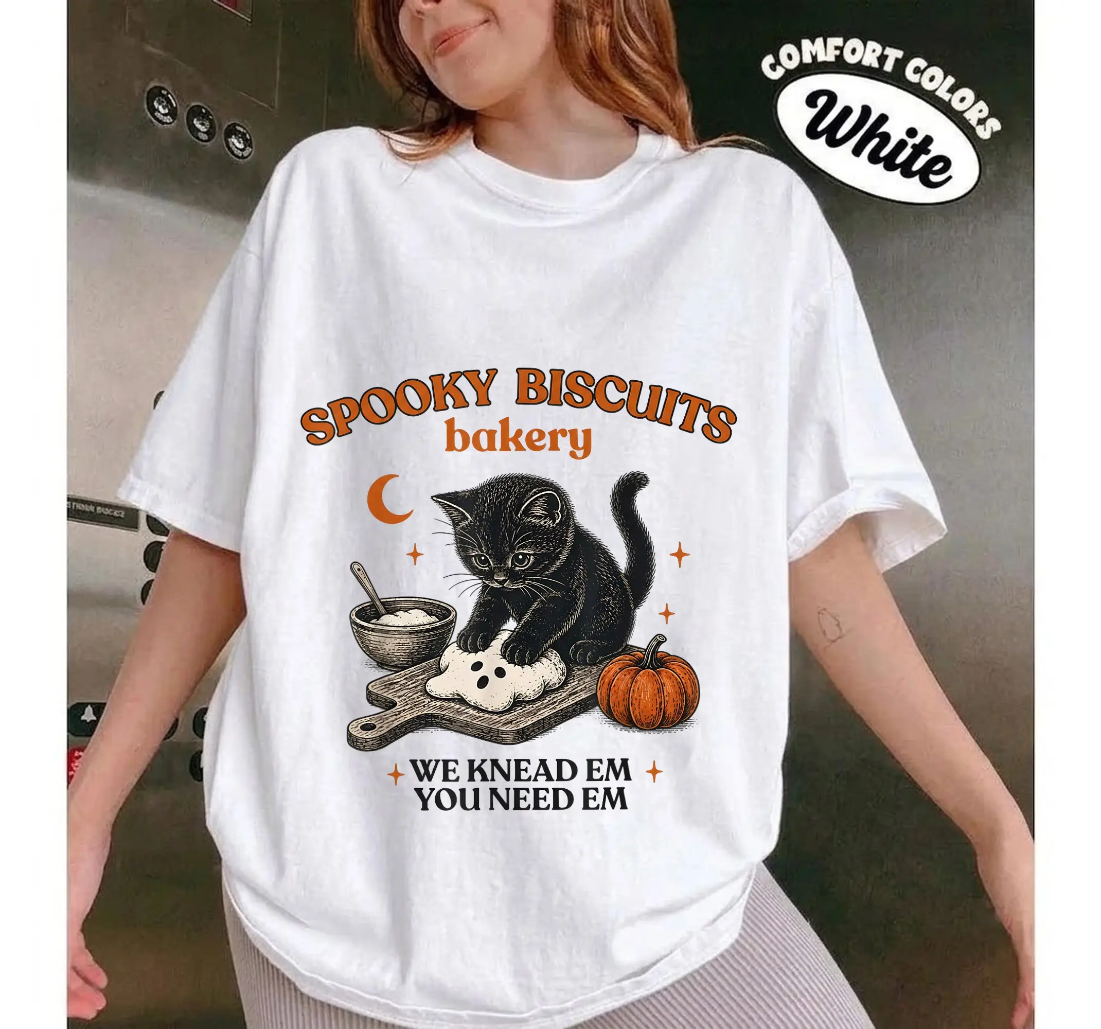 Funny Halloween Black Cat Tee, Cute Spooky Bakery Pumpkin Graphic Shirt