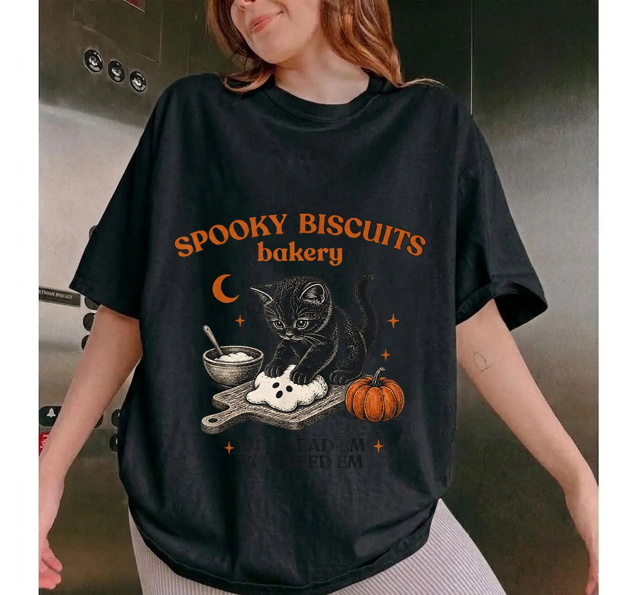 Funny Halloween Black Cat Tee, Cute Spooky Bakery Pumpkin Graphic Shirt - photo 2
