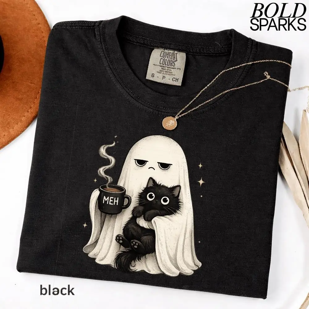 Funny Halloween Coffee Lover Ghost Cat Shirt for Women, Cute Spooky Black Kitty Mom Gift, Comfort Colors Retro Tee