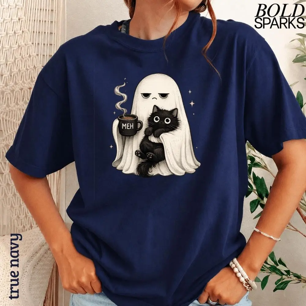 Funny Halloween Coffee Lover Ghost Cat Shirt for Women, Cute Spooky Black Kitty Mom Gift, Comfort Colors Retro Tee - photo 2