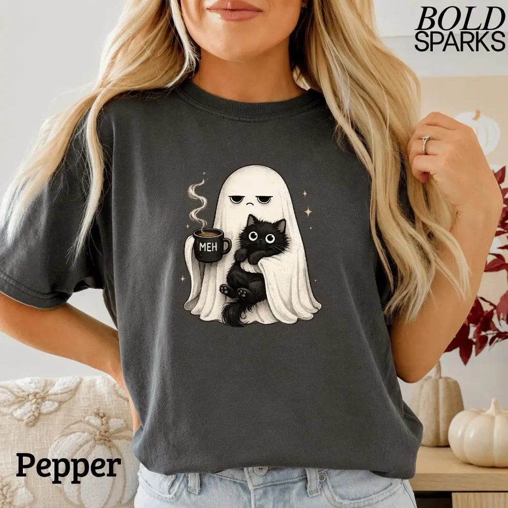 Funny Halloween Coffee Lover Ghost Cat Shirt for Women, Cute Spooky Black Kitty Mom Gift, Comfort Colors Retro Tee - photo 3