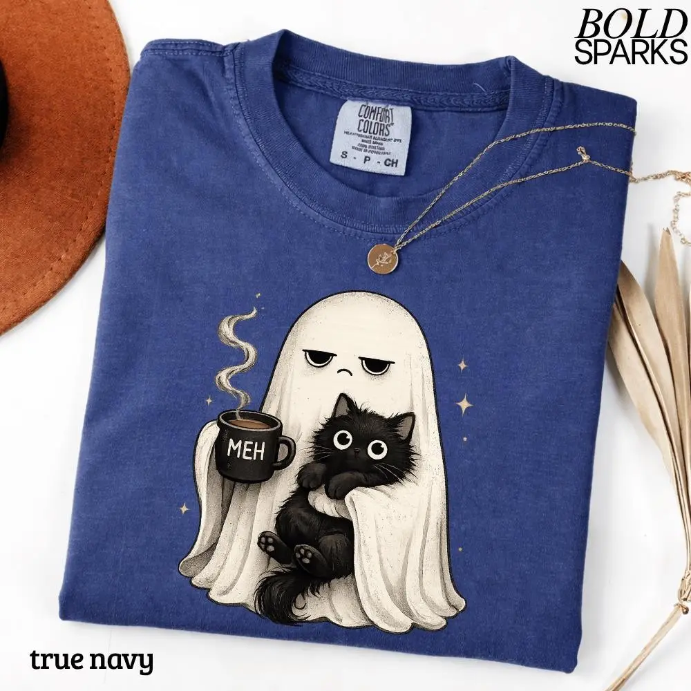 Funny Halloween Coffee Lover Ghost Cat Shirt for Women, Cute Spooky Black Kitty Mom Gift, Comfort Colors Retro Tee - photo 4
