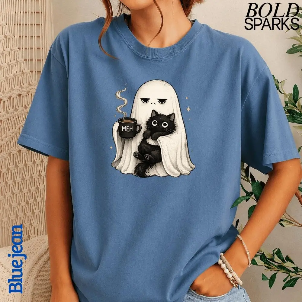 Funny Halloween Coffee Lover Ghost Cat Shirt for Women, Cute Spooky Black Kitty Mom Gift, Comfort Colors Retro Tee - photo 5