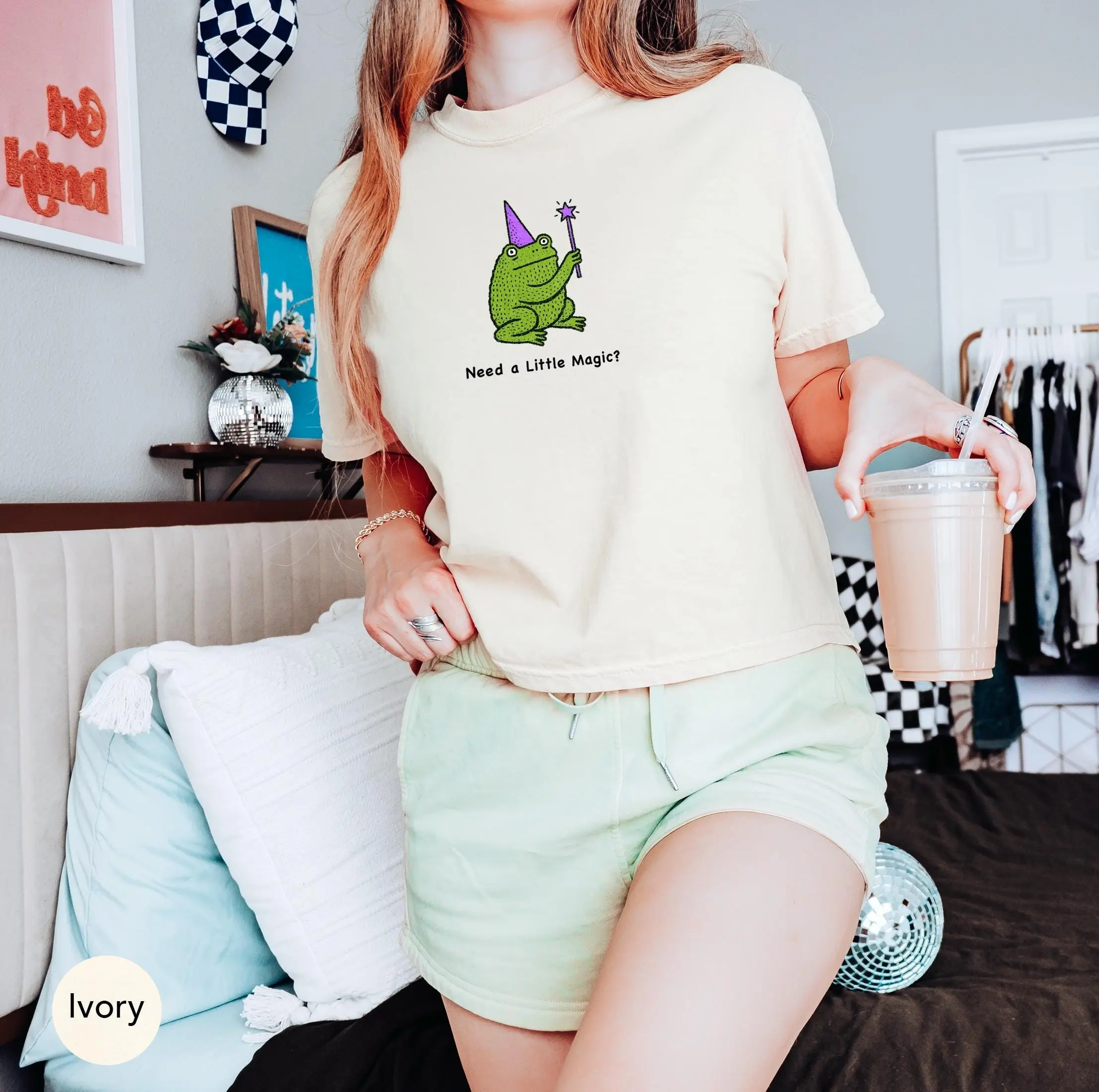 Funny Halloween Crop Top, Frog Wizard Cropped Boxy Tee, Cute Witch Minimalist Witchcore Meme Punny Witchy Gift Shirt - photo 3