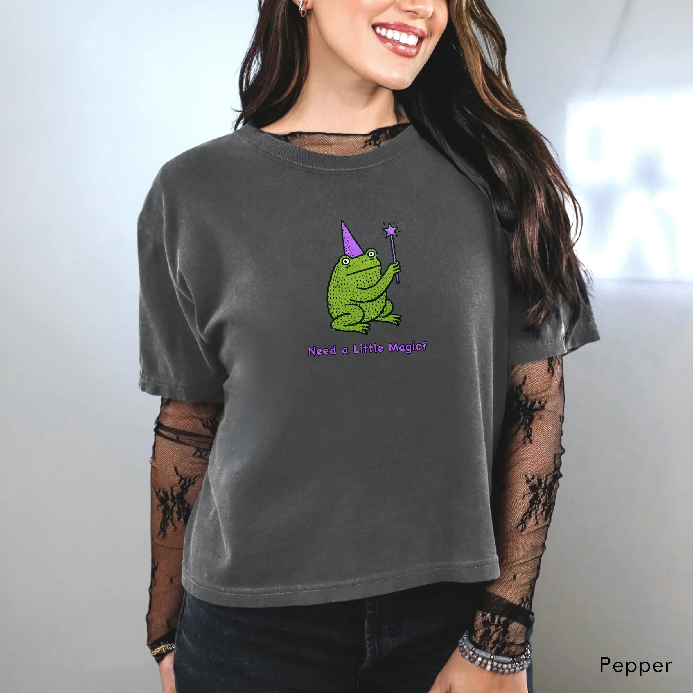 Funny Halloween Crop Top, Frog Wizard Cropped Boxy Tee, Cute Witch Minimalist Witchcore Meme Punny Witchy Gift Shirt - photo 4