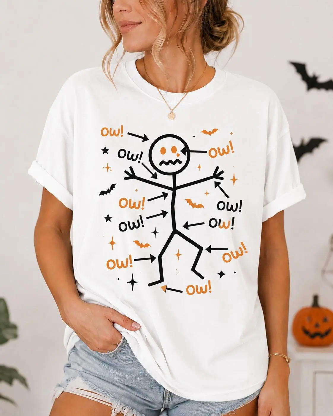 Funny Halloween Ouch Stick Figure Shirt, Womens Spooky Skeleton Graphic Tee, Cute Comfort Colors Fall Costume Top