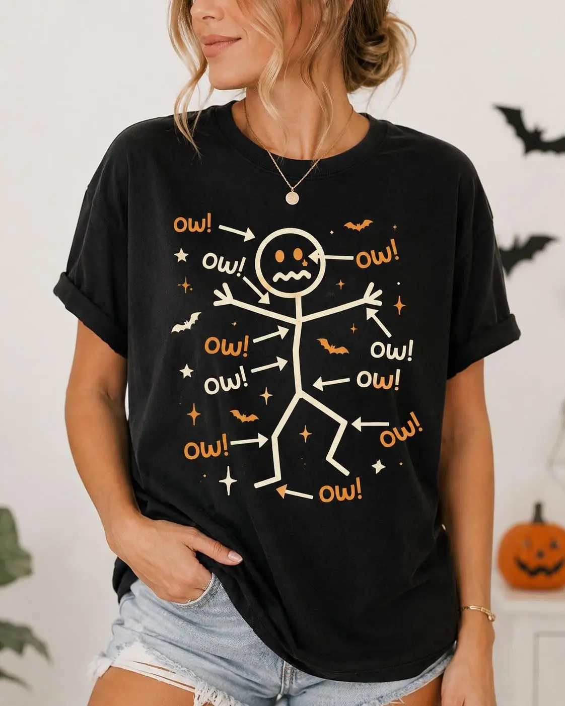 Funny Halloween Ouch Stick Figure Shirt, Womens Spooky Skeleton Graphic Tee, Cute Comfort Colors Fall Costume Top - photo 2