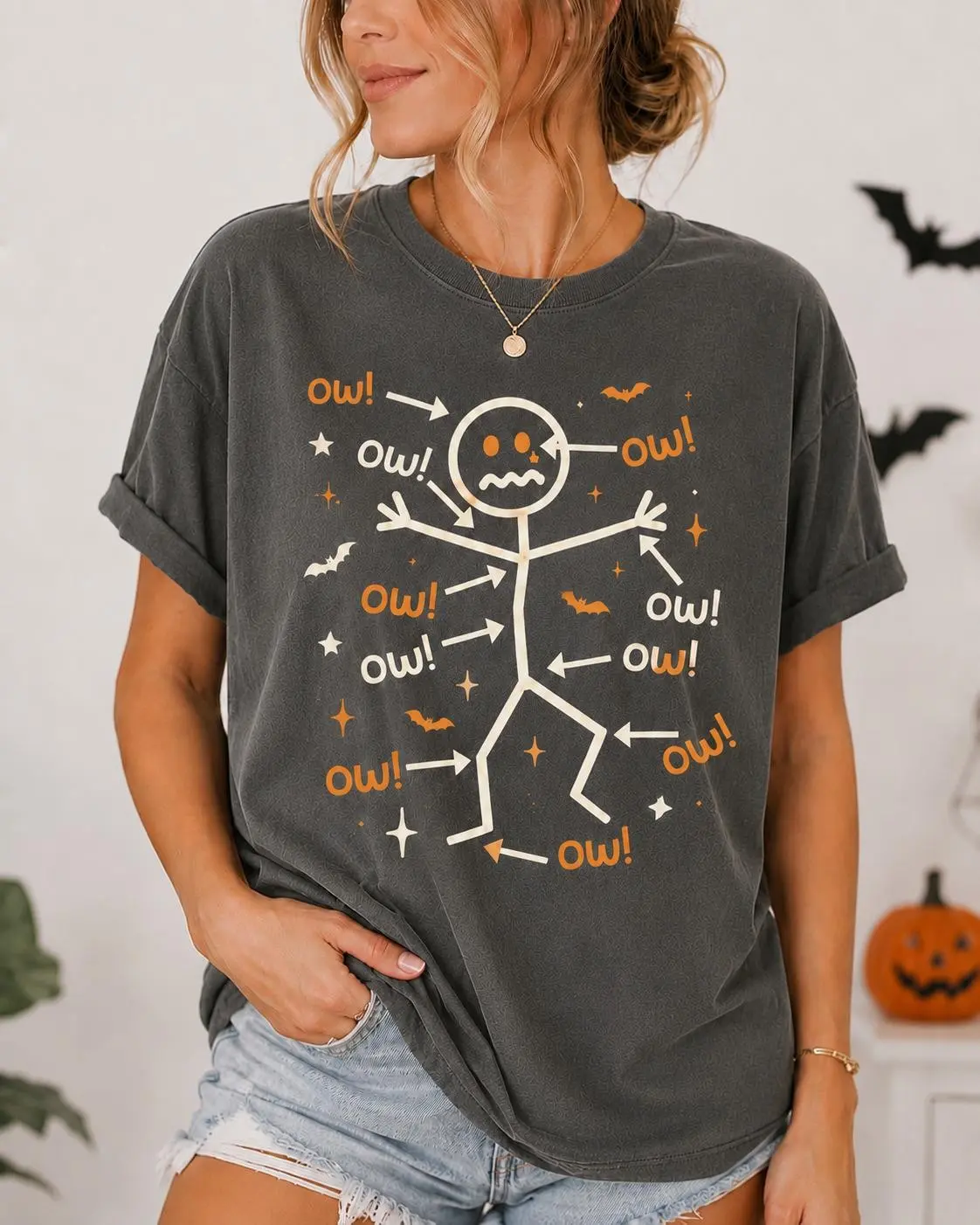 Funny Halloween Ouch Stick Figure Shirt, Womens Spooky Skeleton Graphic Tee, Cute Comfort Colors Fall Costume Top - photo 3
