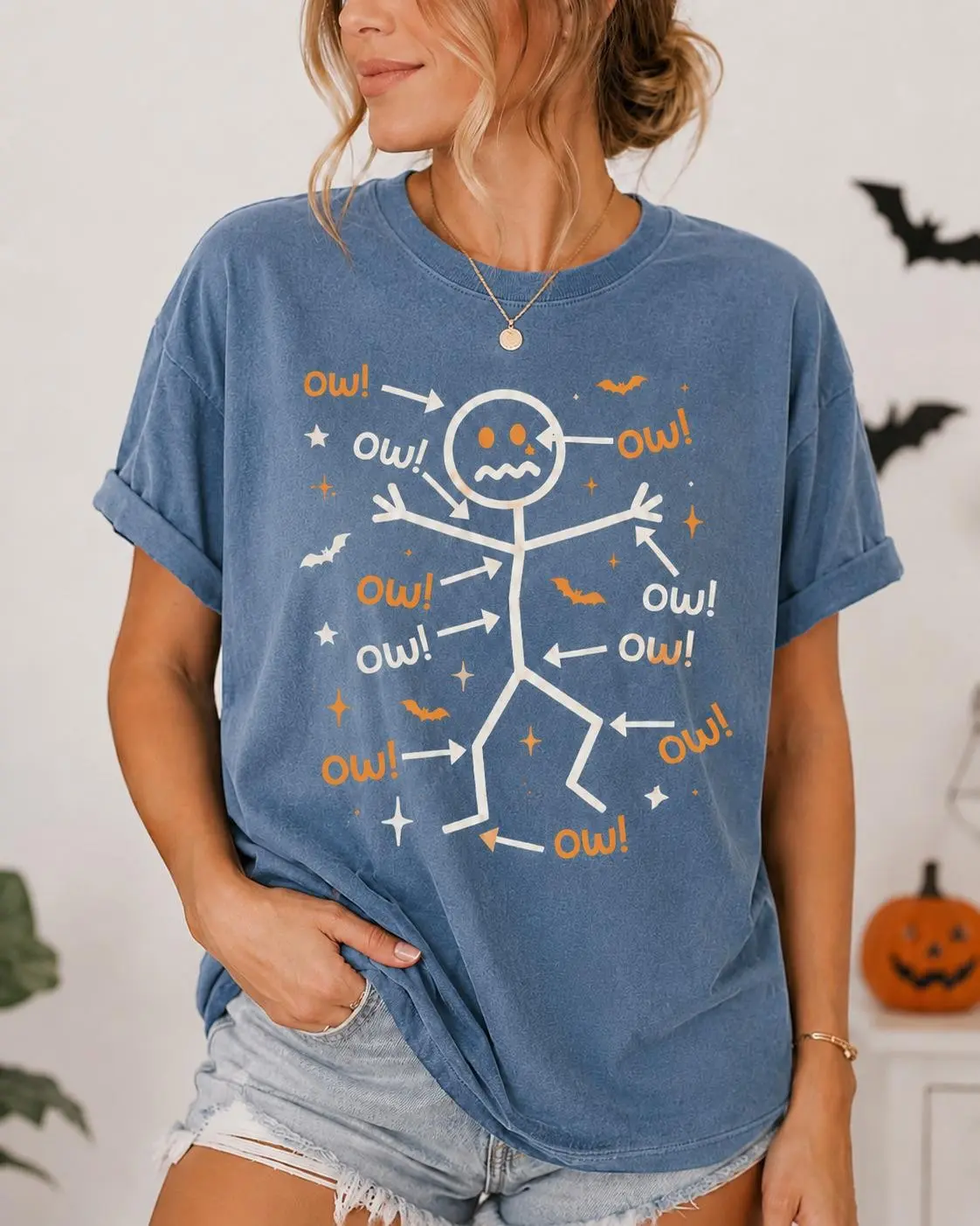 Funny Halloween Ouch Stick Figure Shirt, Womens Spooky Skeleton Graphic Tee, Cute Comfort Colors Fall Costume Top - photo 4