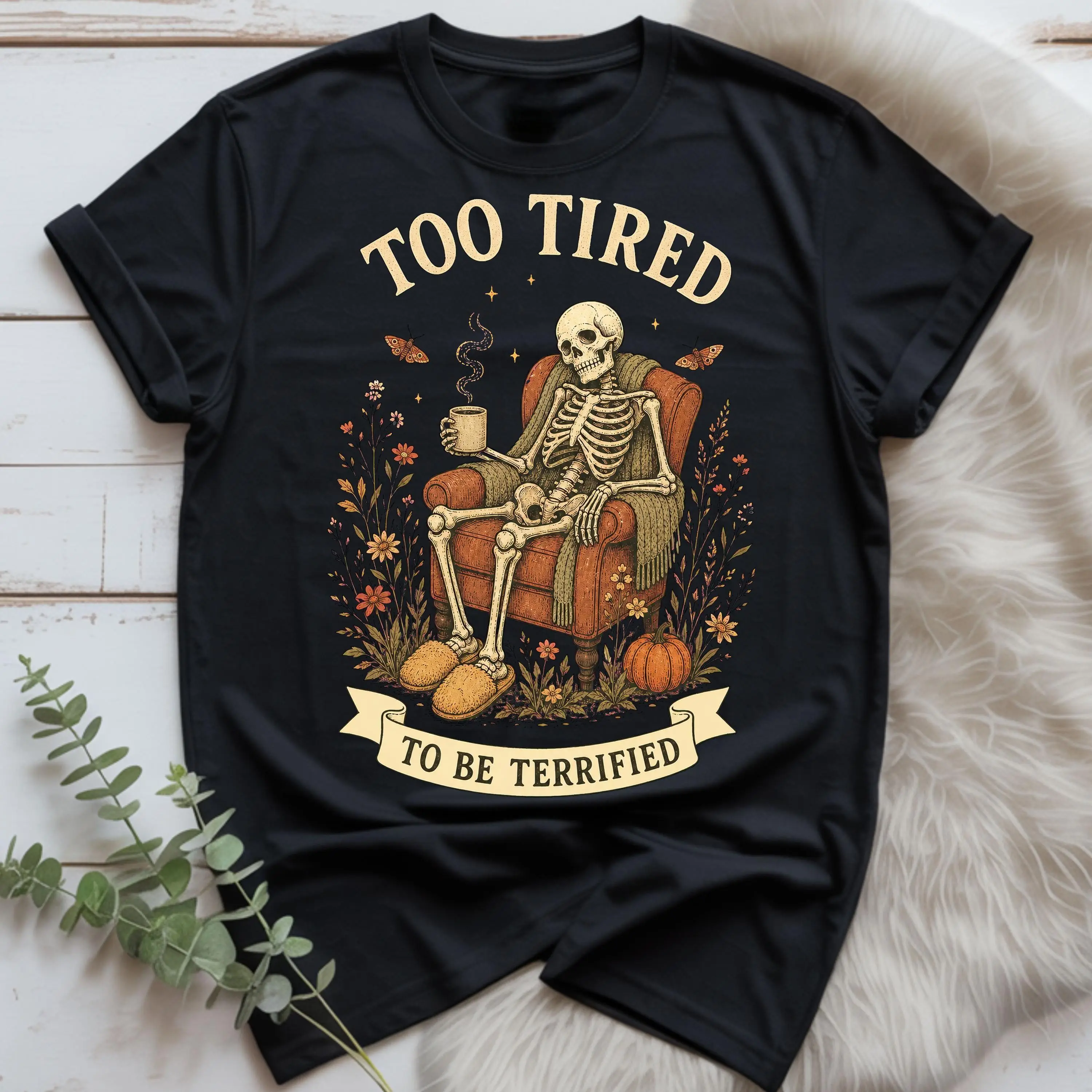 Funny Too Tired Skeleton Halloween Shirt, Spooky Coffee Graphic Tee, Vintage Cottagecore Comfort Colors Fall Gift for Women
