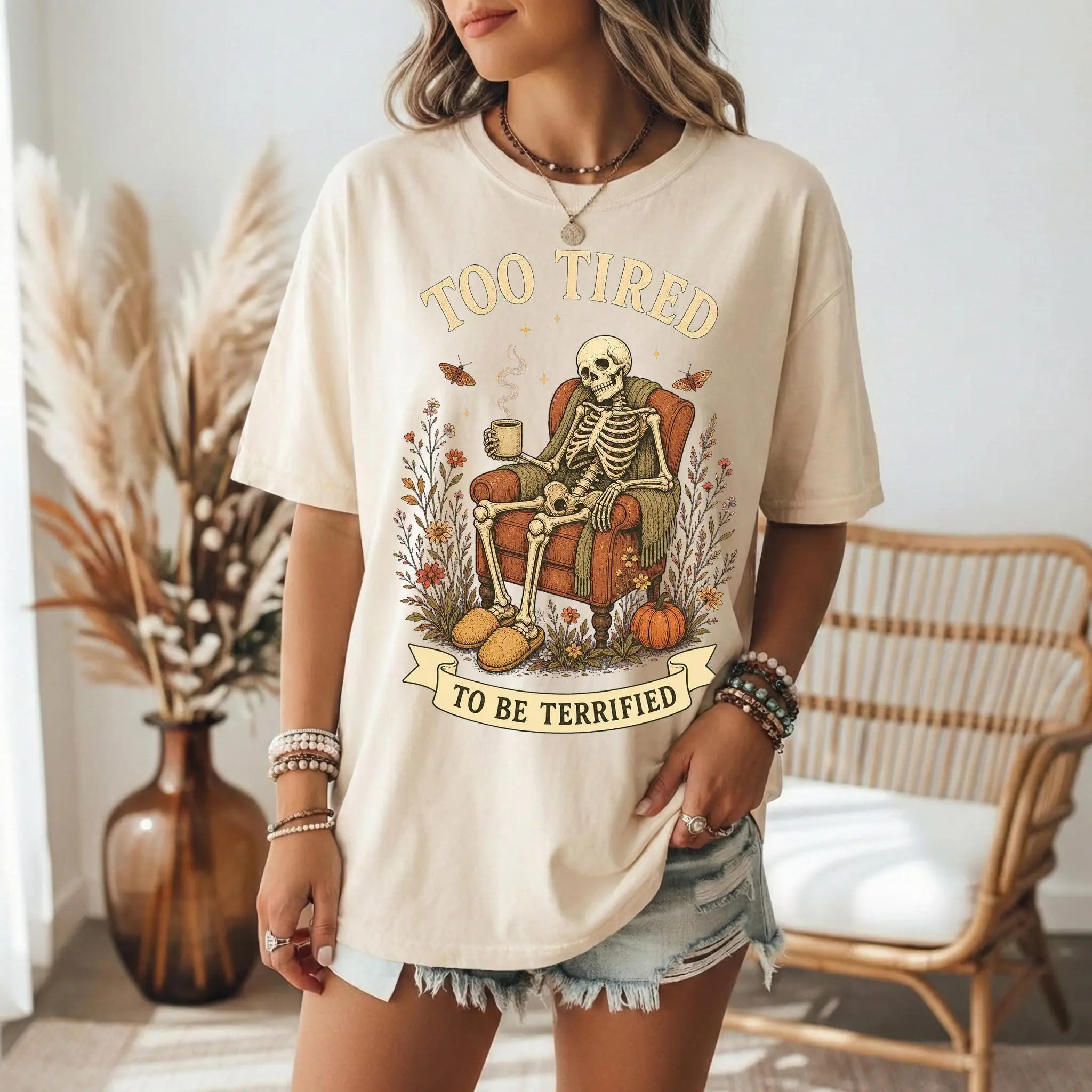 Funny Too Tired Skeleton Halloween Shirt, Spooky Coffee Graphic Tee, Vintage Cottagecore Comfort Colors Fall Gift for Women - photo 2