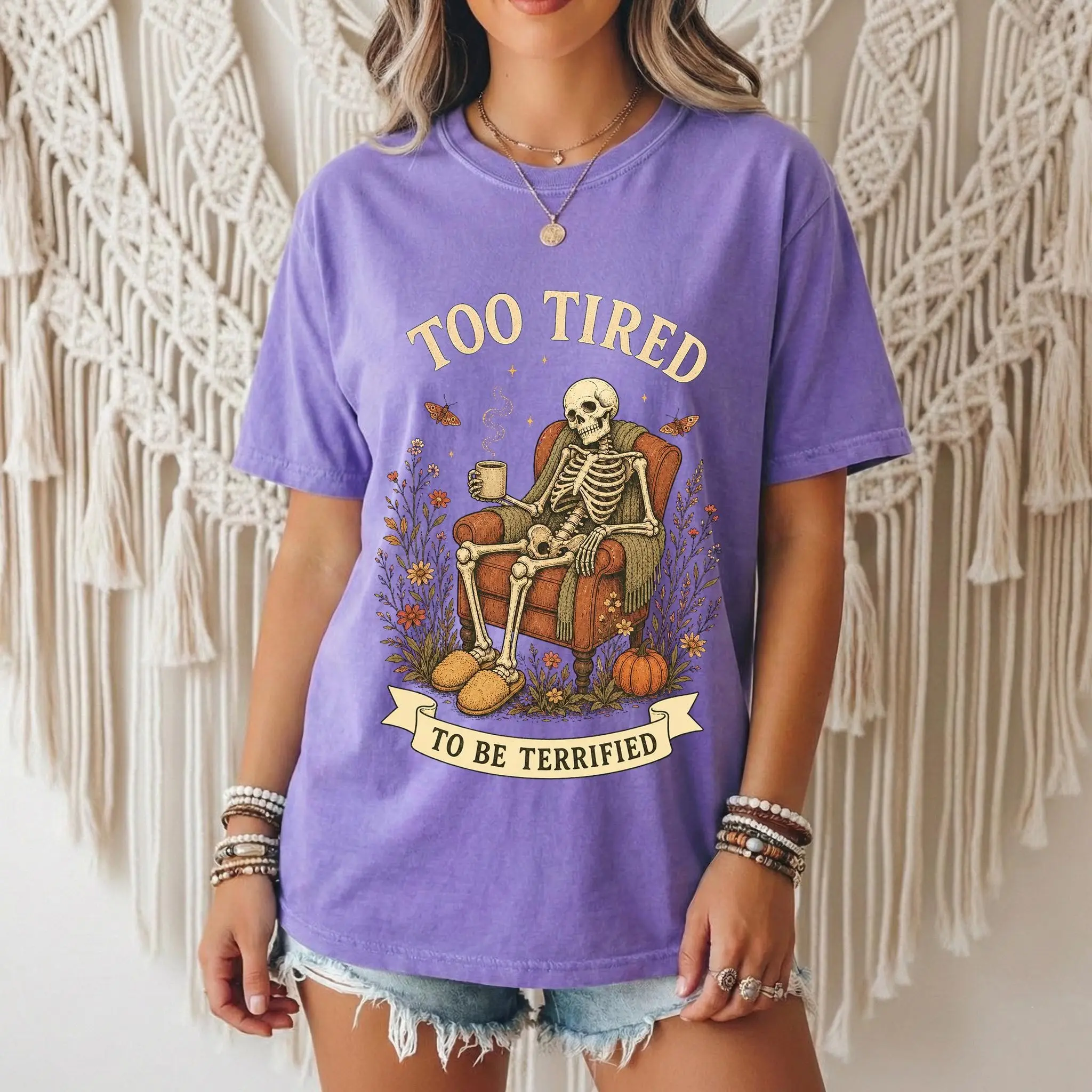 Funny Too Tired Skeleton Halloween Shirt, Spooky Coffee Graphic Tee, Vintage Cottagecore Comfort Colors Fall Gift for Women - photo 4