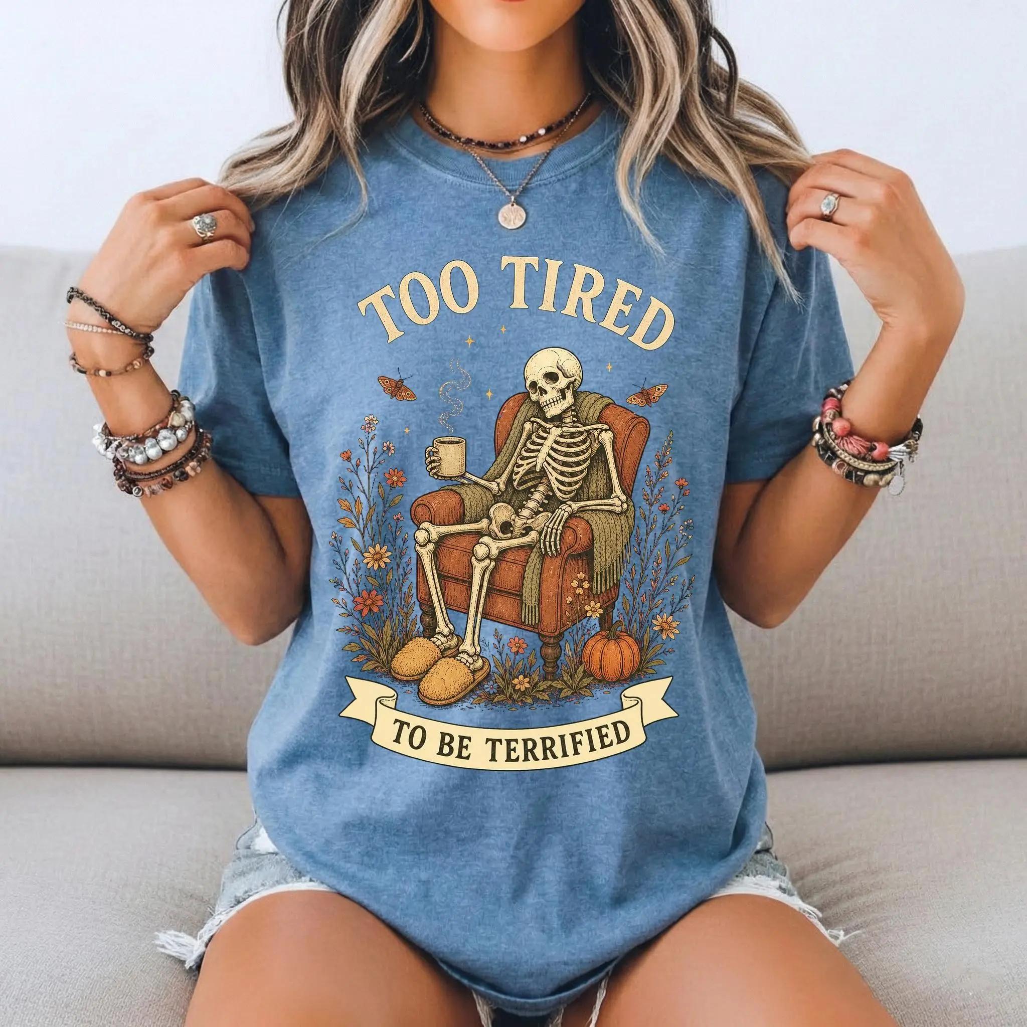 Funny Too Tired Skeleton Halloween Sweatshirt, Spooky Coffee Graphic Crewneck, Vintage Cottagecore Comfort Colors Gift - photo 5