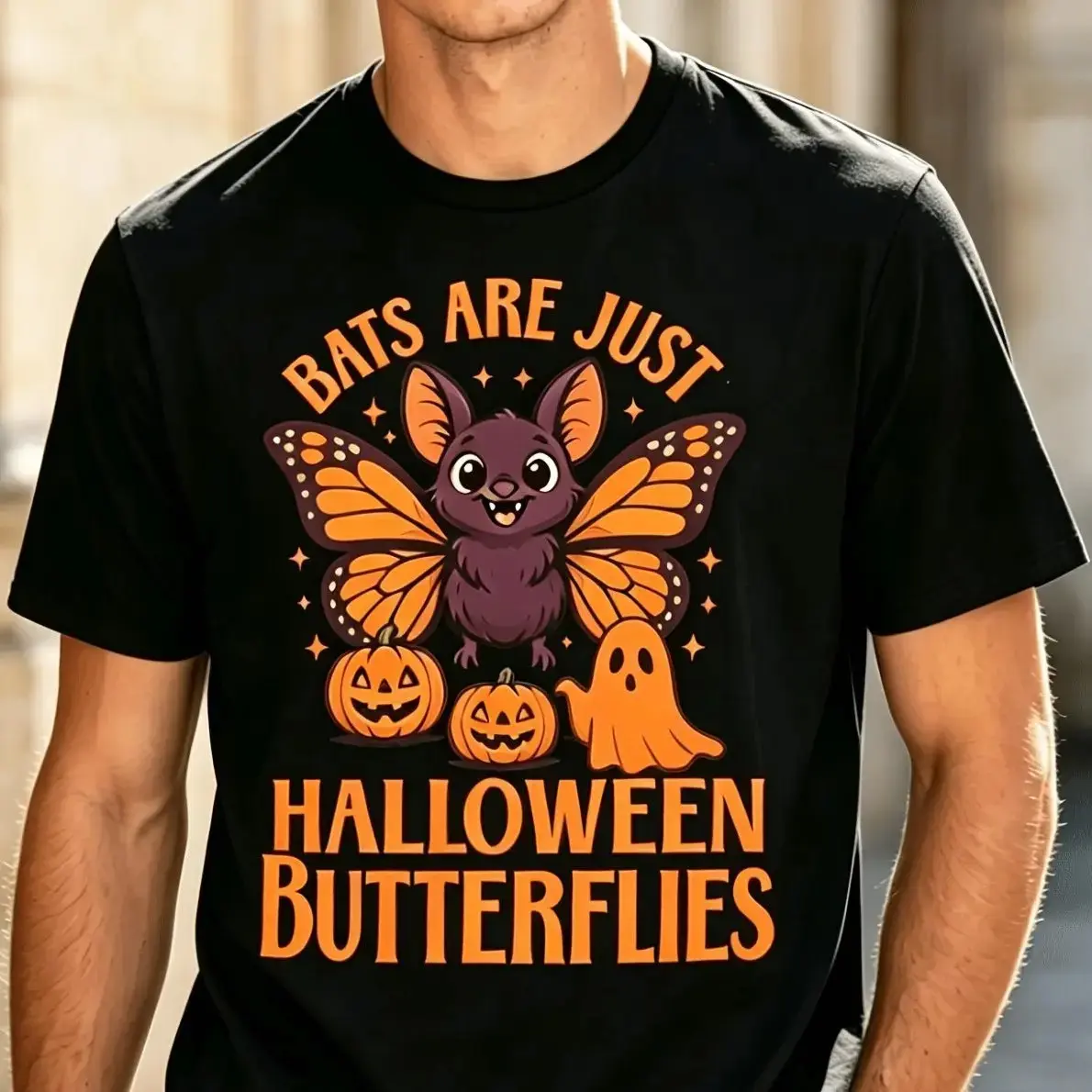Bats Are Just Butterflies Funny Halloween T-Shirt for Women, Cartoon Bat Pumpkin Ghost Graphic Tee, Cute Spooky Season Casual Top