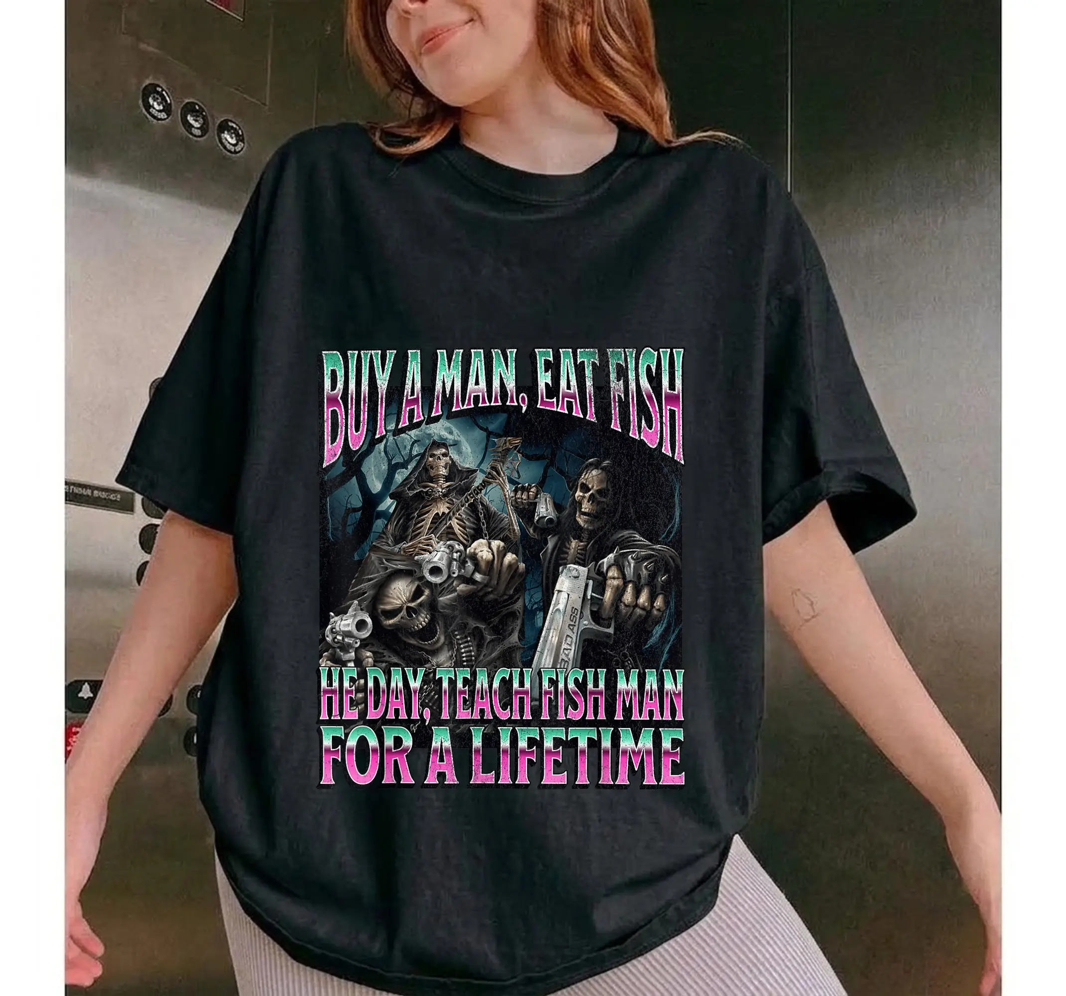 Funny Ironic Skeleton Meme Graphic Tee, Buy A Man Eat Fish Edgy Humor Bootleg Y2K Shirt