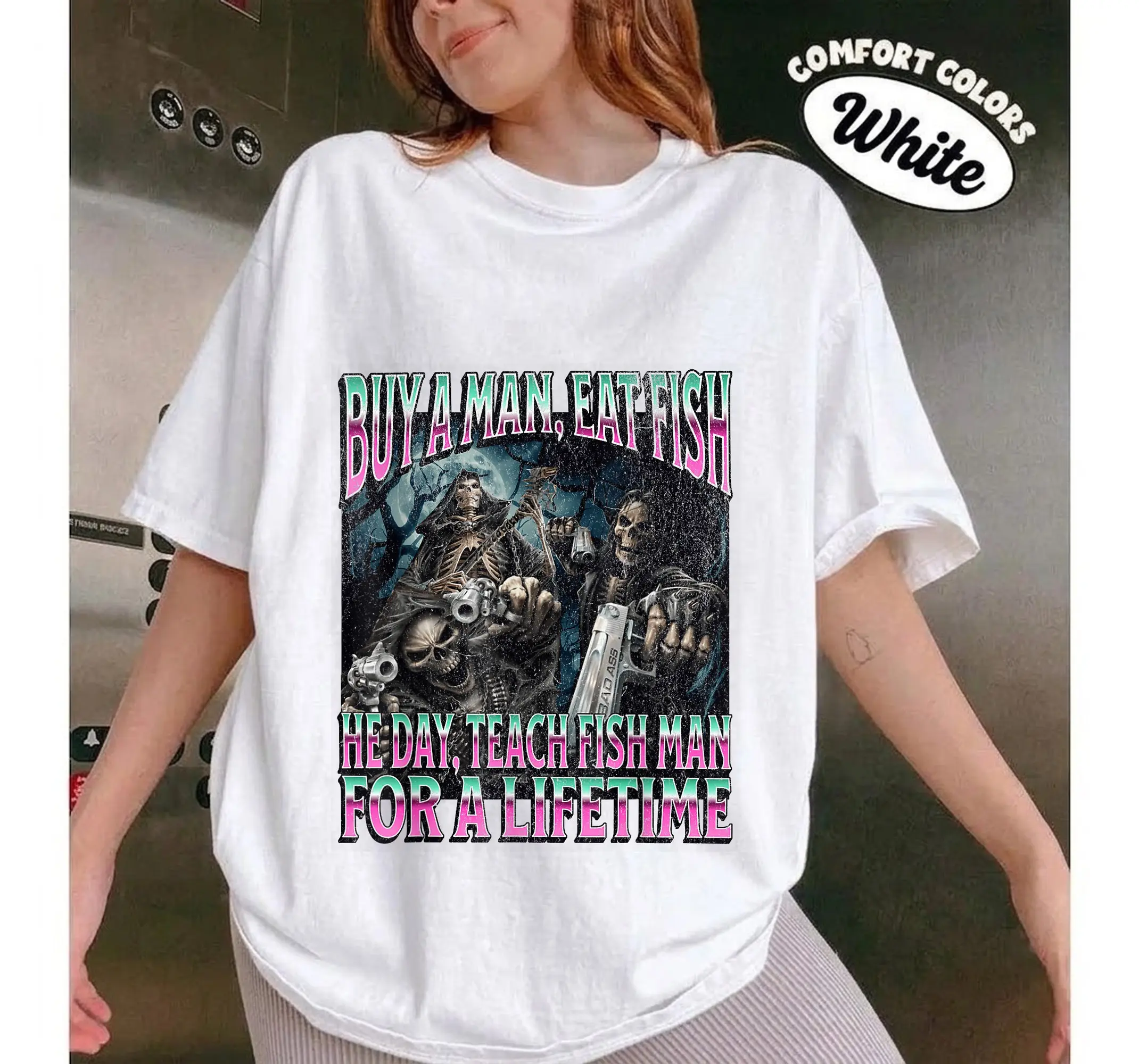 Funny Ironic Skeleton Meme Graphic Tee, Buy A Man Eat Fish Edgy Humor Bootleg Y2K Shirt - photo 2