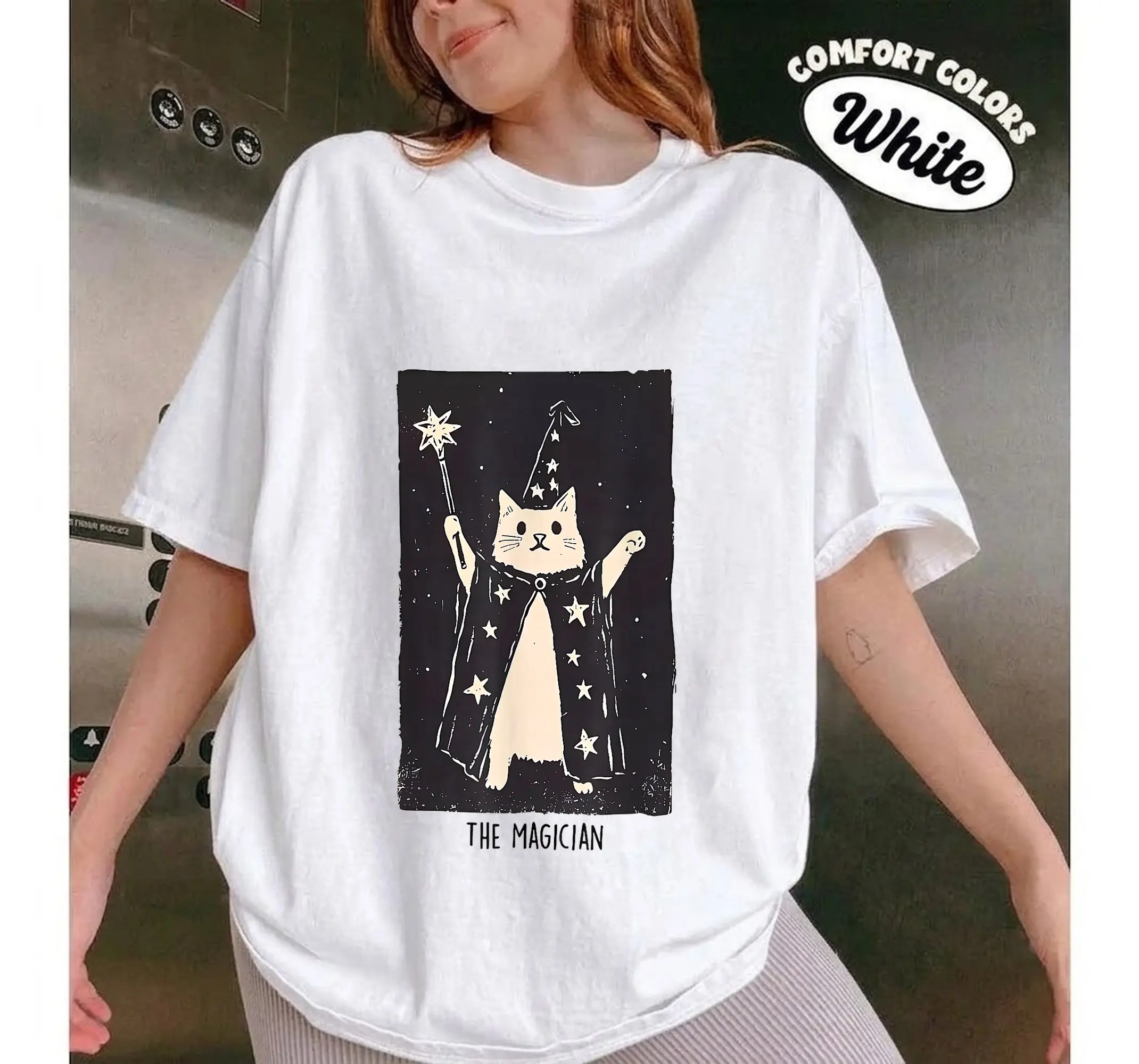 Funny Magician Feline Tarot Shirt, Quirky Spooky Season Cat Graphic Unisex Tee