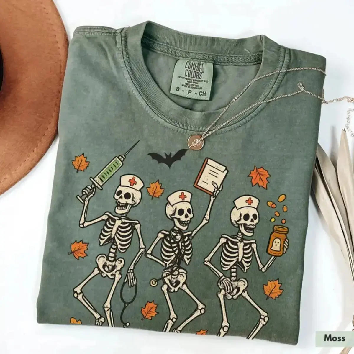 Funny Nurse Skeleton Halloween Shirt for Women, Spooky Graphic Tee, Retro Medical Comfort Colors Costume Top