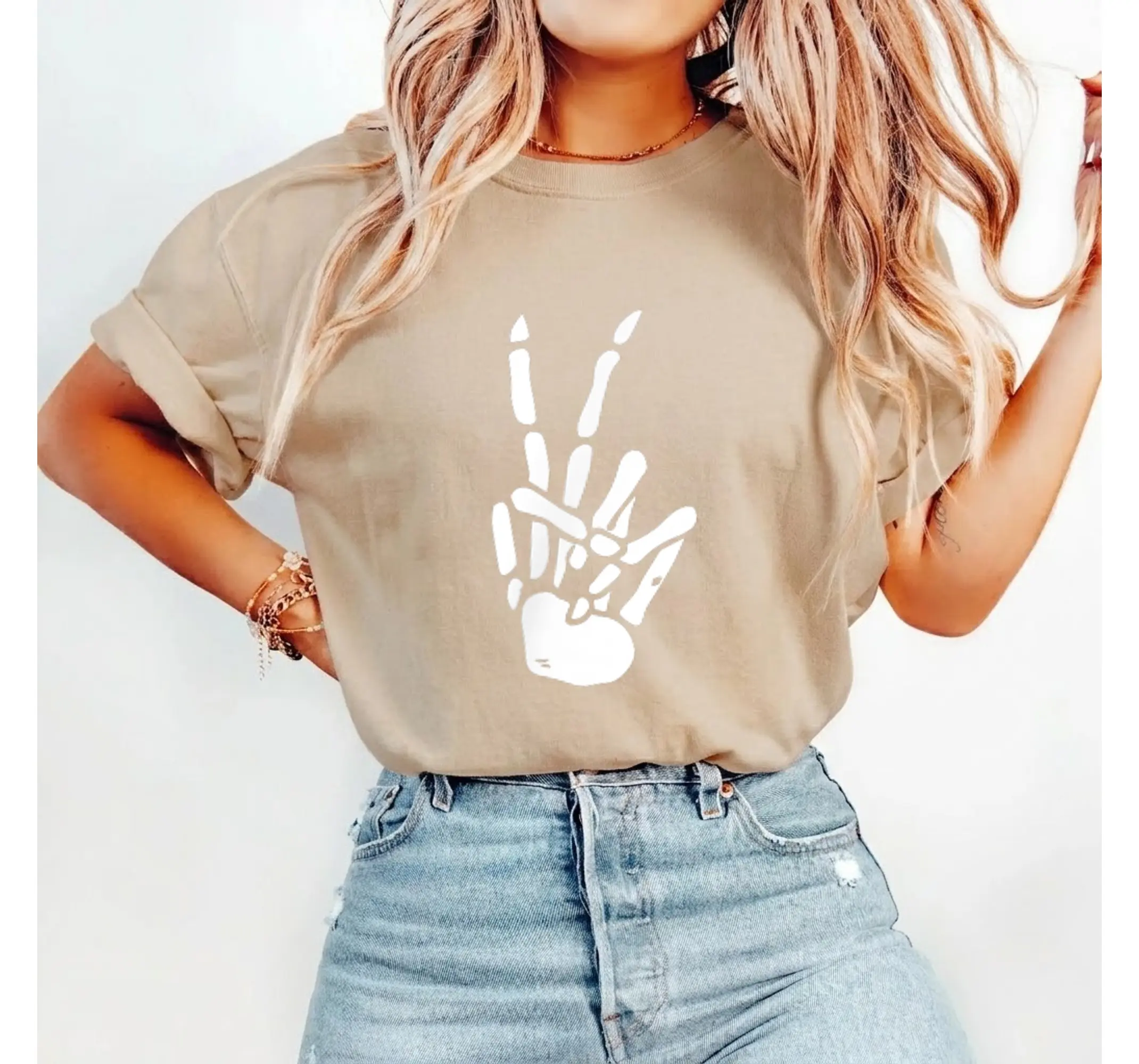 Funny Peace Sign Skeleton Hand Graphic Tee, Edgy Skull and Bones Shirt