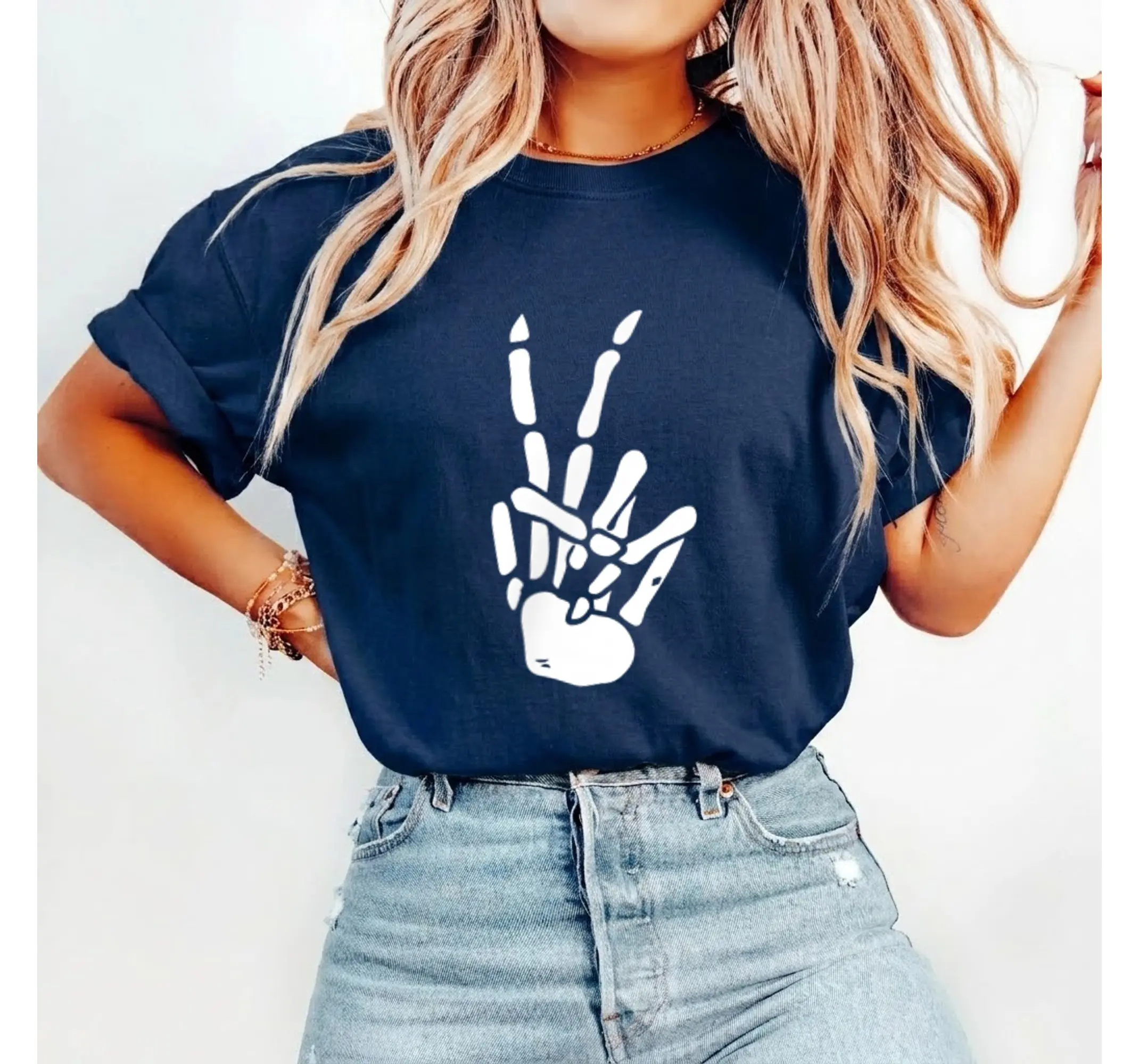 Funny Peace Sign Skeleton Hand Graphic Tee, Edgy Skull and Bones Shirt - photo 4
