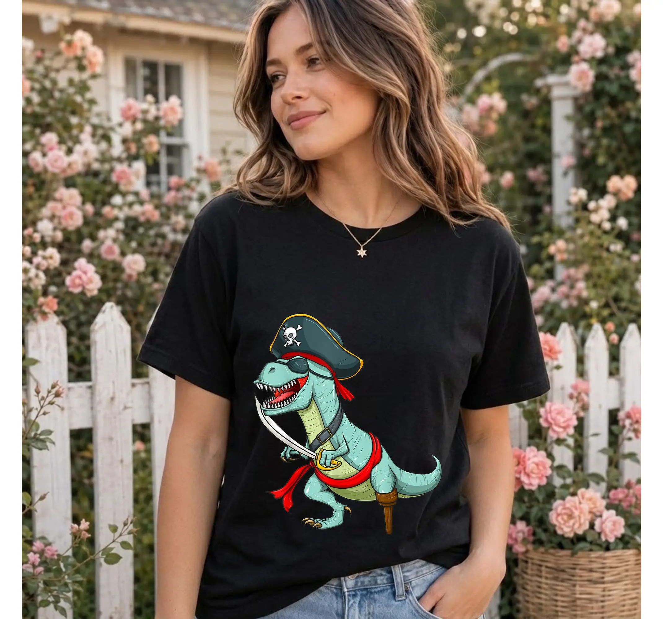Funny Pirate T-Rex Halloween Costume Shirt, Dinosaur Tyrannosaurus Graphic Tee