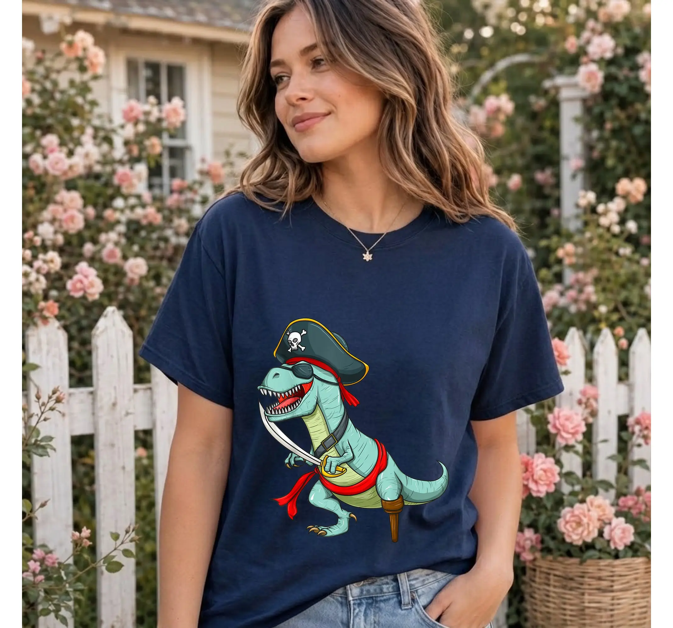 Funny Pirate T-Rex Halloween Costume Shirt, Dinosaur Tyrannosaurus Graphic Tee - photo 2