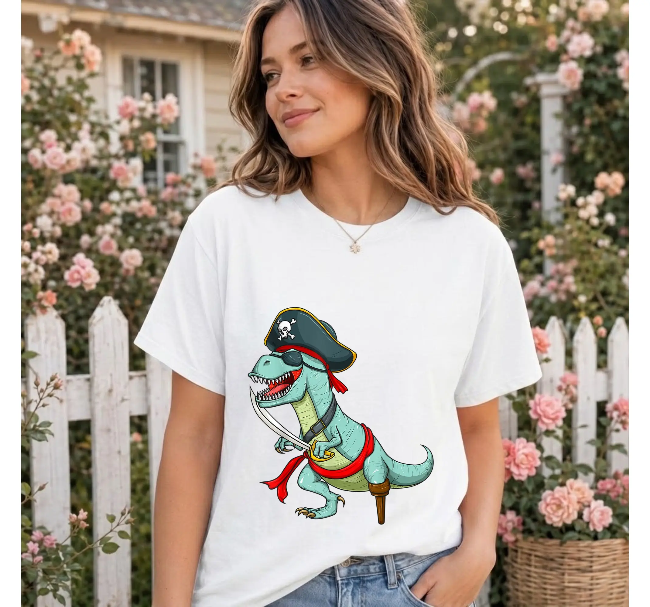 Funny Pirate T-Rex Halloween Costume Shirt, Dinosaur Tyrannosaurus Graphic Tee - photo 3