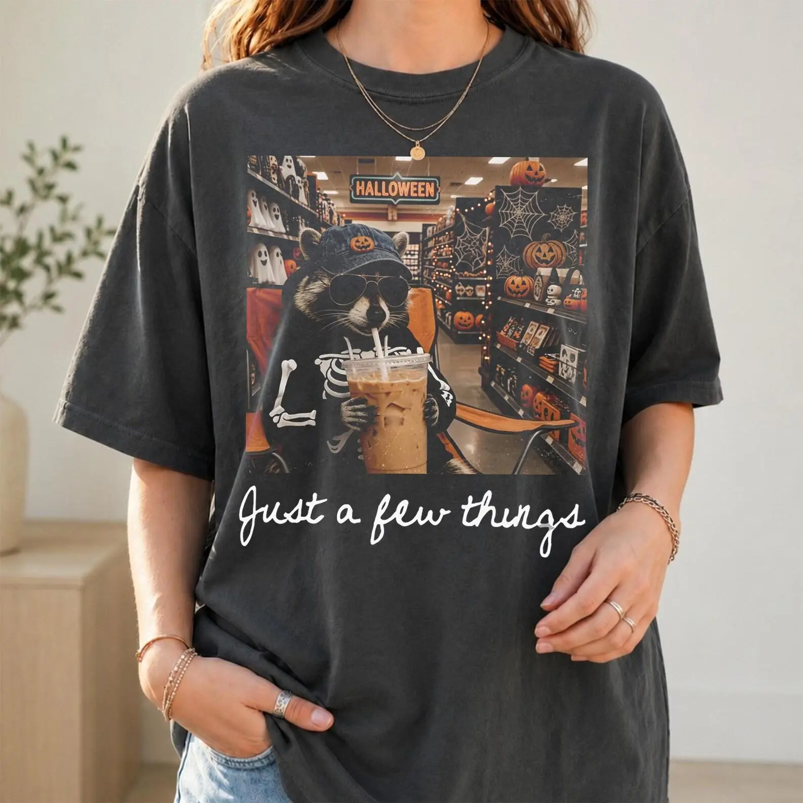 Comfort Colors Funny Raccoon Iced Coffee Halloween T-Shirt, Cute Fall Spooky Season Graphic Tee Gift