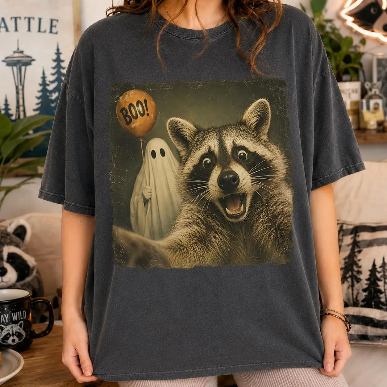 Funny Raccoon Ghost Balloon Shirt, Vintage Photo Boo Halloween Tee, Silly Retro Photobomb Comfort Colors Gift