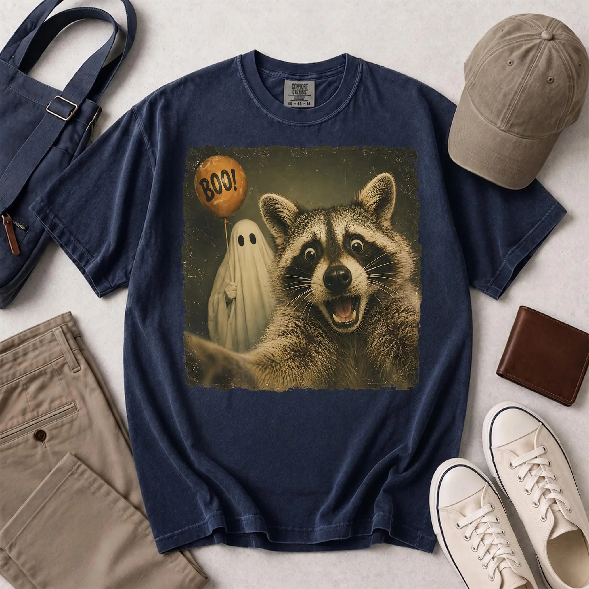 Funny Raccoon Ghost Balloon Shirt, Vintage Photo Boo Halloween Tee, Silly Retro Photobomb Comfort Colors Gift - photo 2