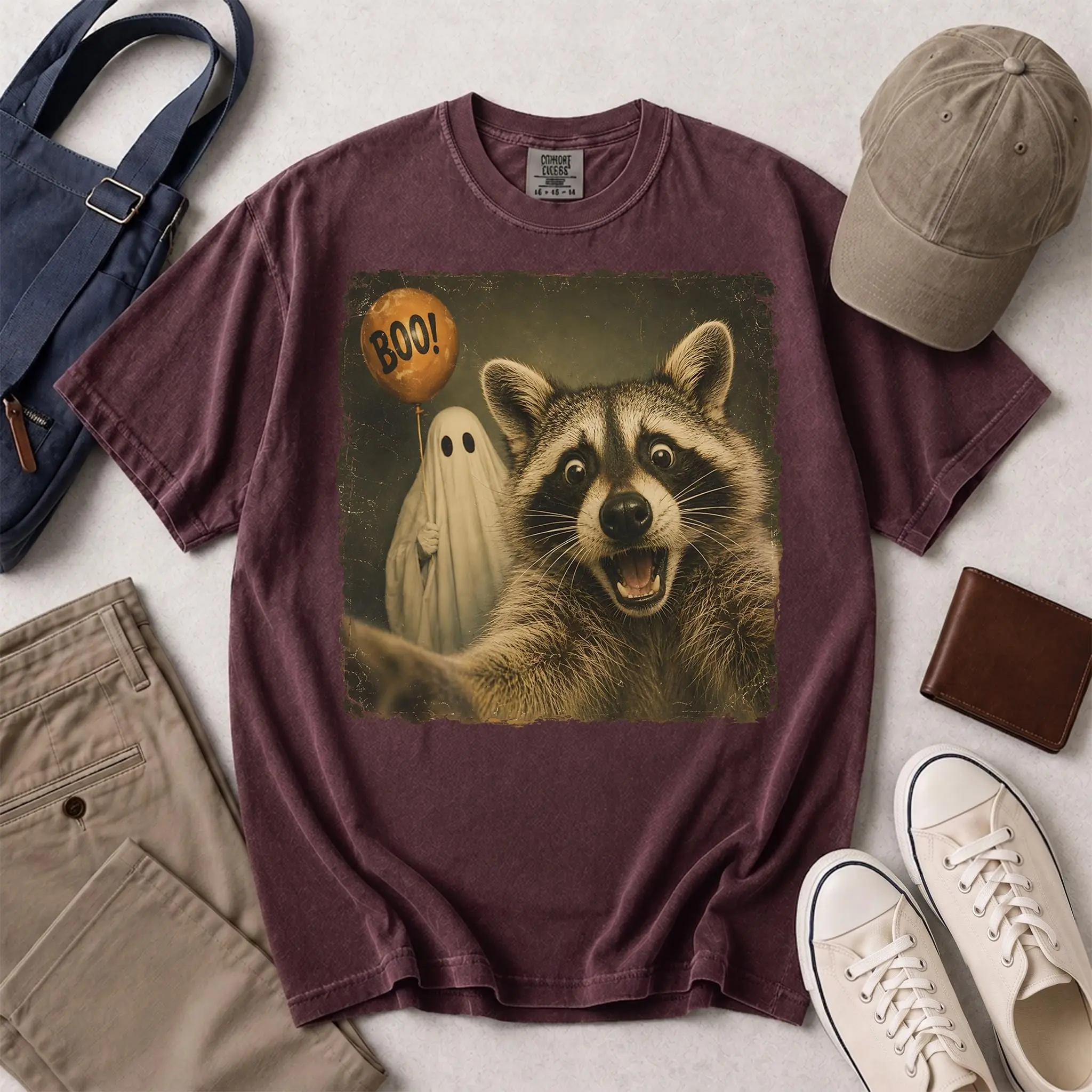 Funny Raccoon Ghost Balloon Shirt, Vintage Photo Boo Halloween Tee, Silly Retro Photobomb Comfort Colors Gift - photo 3