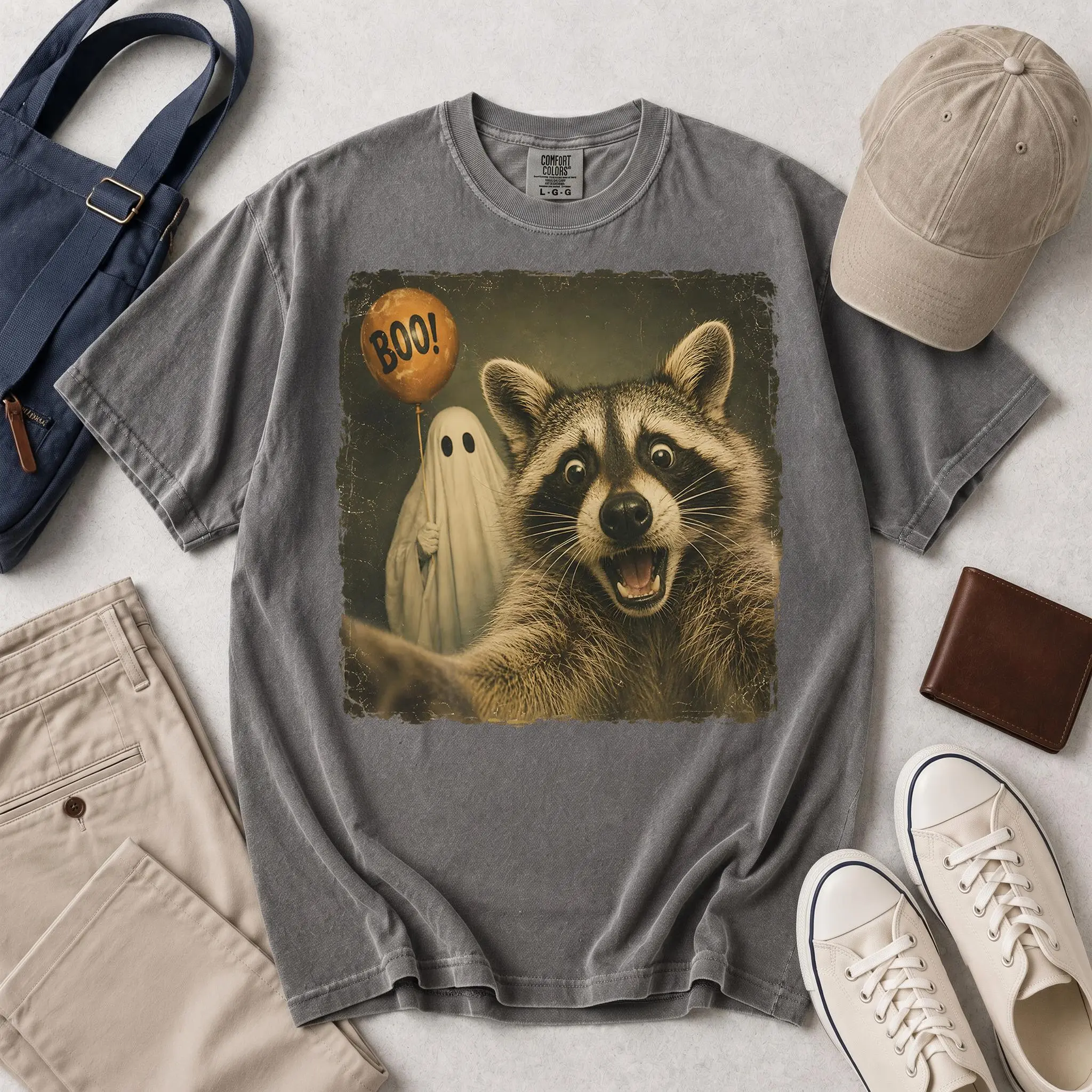 Funny Raccoon Ghost Balloon Shirt, Vintage Photo Boo Halloween Tee, Silly Retro Photobomb Comfort Colors Gift - photo 4