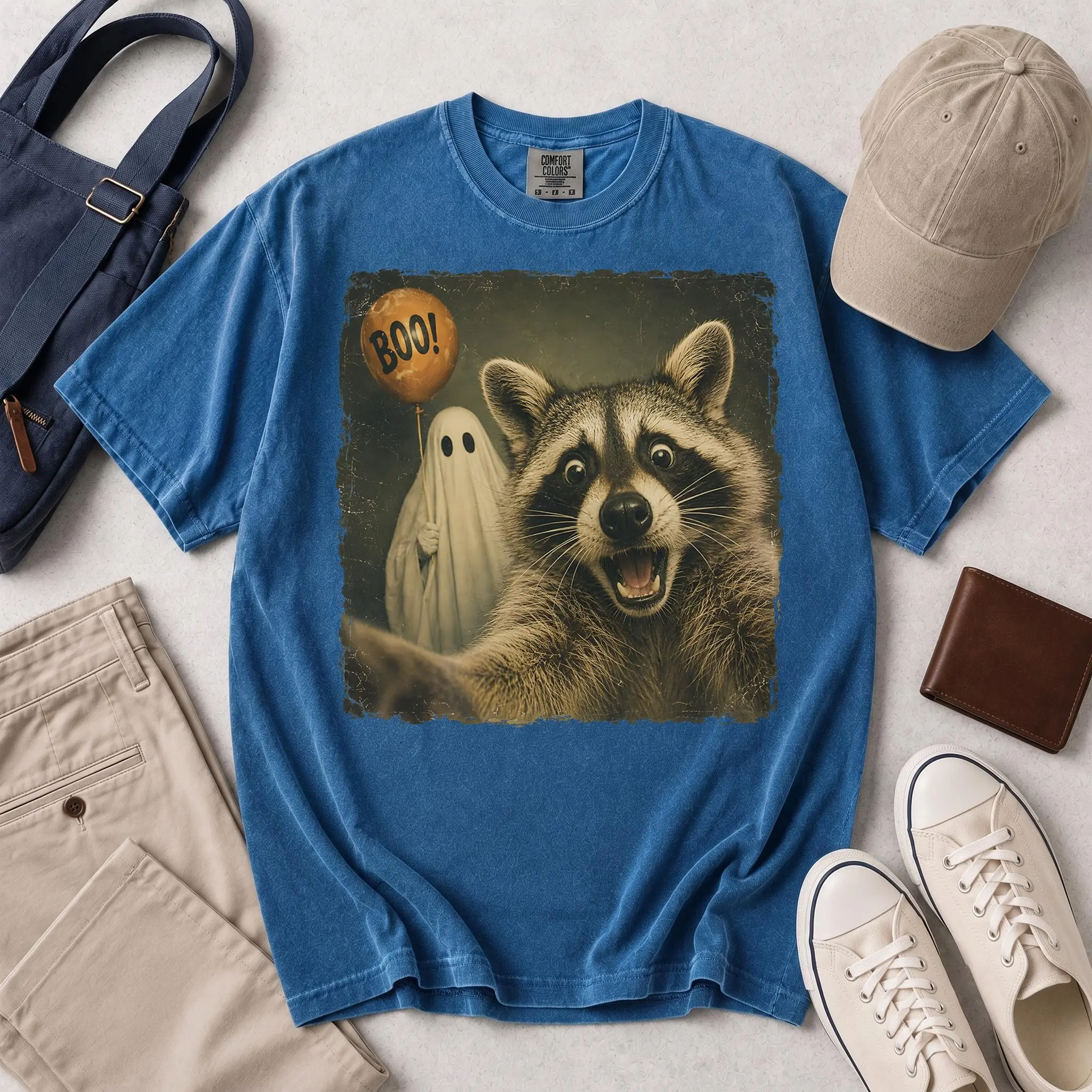 Funny Raccoon Ghost Balloon Shirt, Vintage Photo Boo Halloween Tee, Silly Retro Photobomb Comfort Colors Gift - photo 5