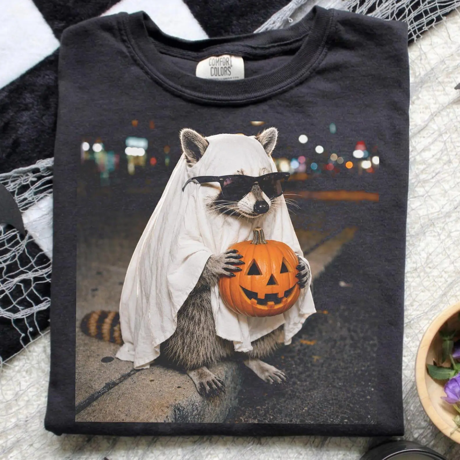 Funny Raccoon Holding Pumpkin Comfort Colors Shirt, Ghost Halloween Graphic Tee, Spooky Fall Animal Gift