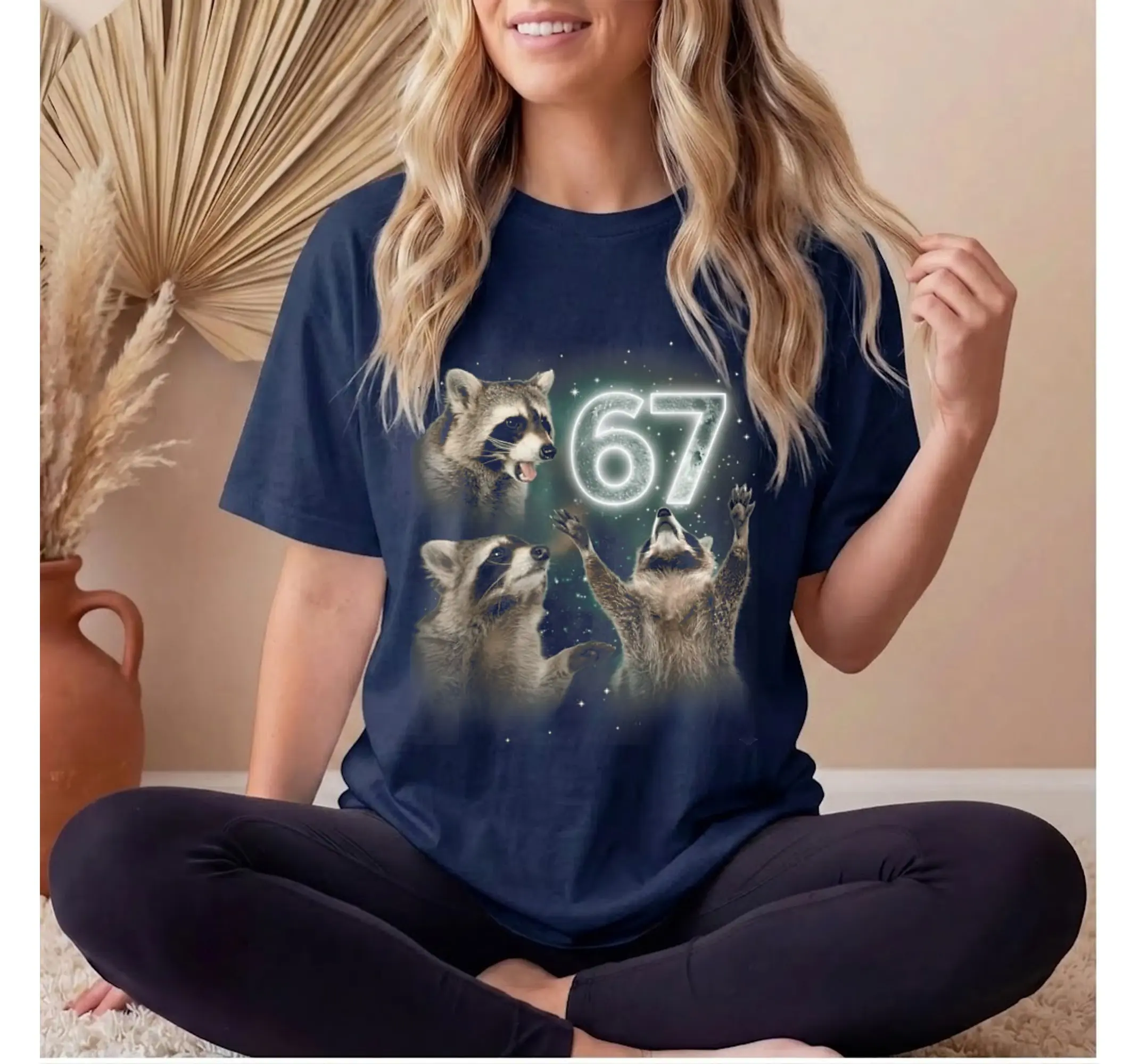 Funny Raccoon Howling At The Moon Meme T-Shirt, Halloween 67 Graphic Tee - photo 3