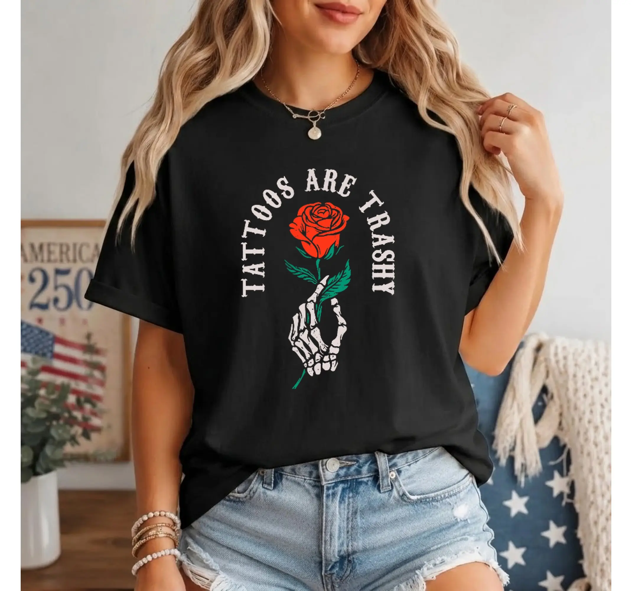 Funny Skeleton Graphic Tee, Two-Sided Tattoos Are Trashy Sarcastic Quote Alt Skull Shirt