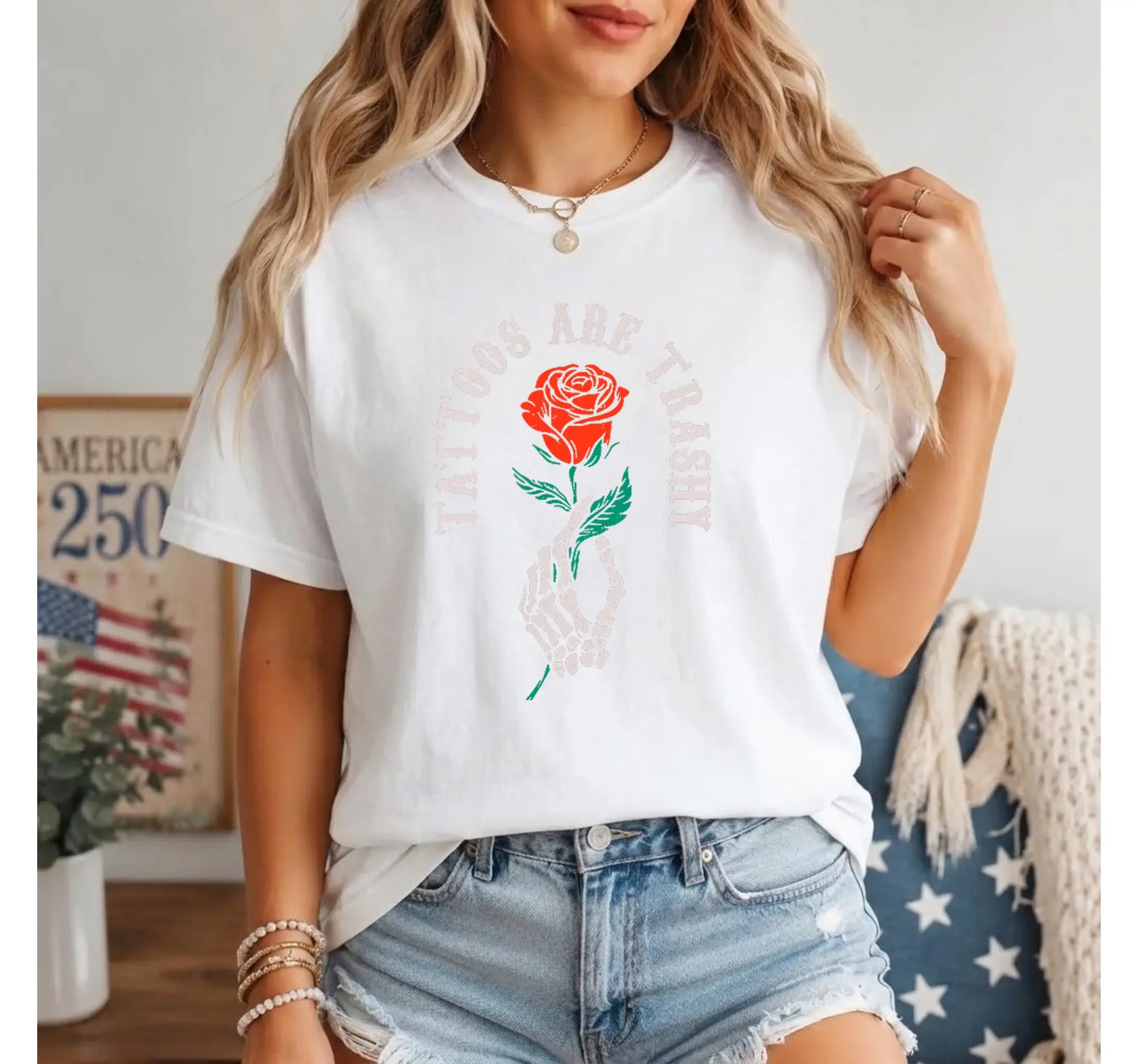 Funny Skeleton Graphic Tee, Two-Sided Tattoos Are Trashy Sarcastic Quote Alt Skull Shirt - photo 2