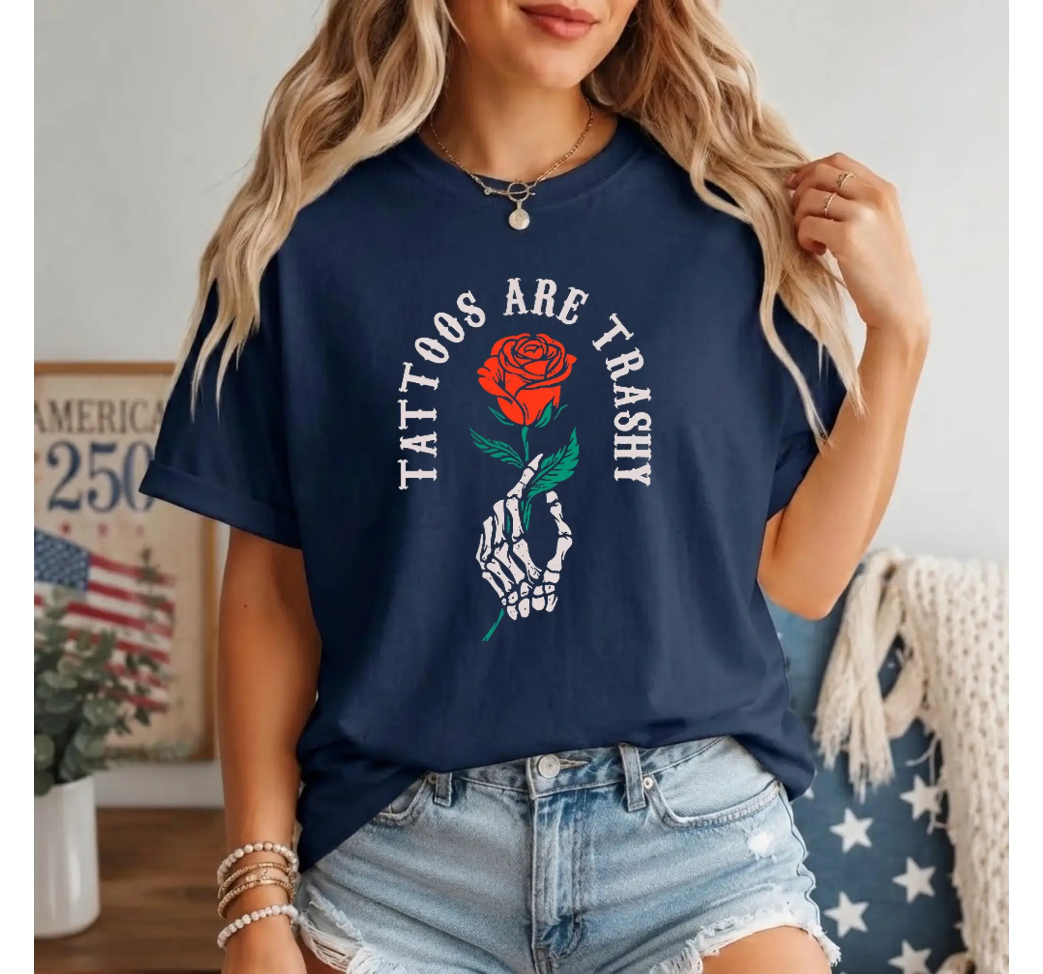 Funny Skeleton Graphic Tee, Two-Sided Tattoos Are Trashy Sarcastic Quote Alt Skull Shirt - photo 3