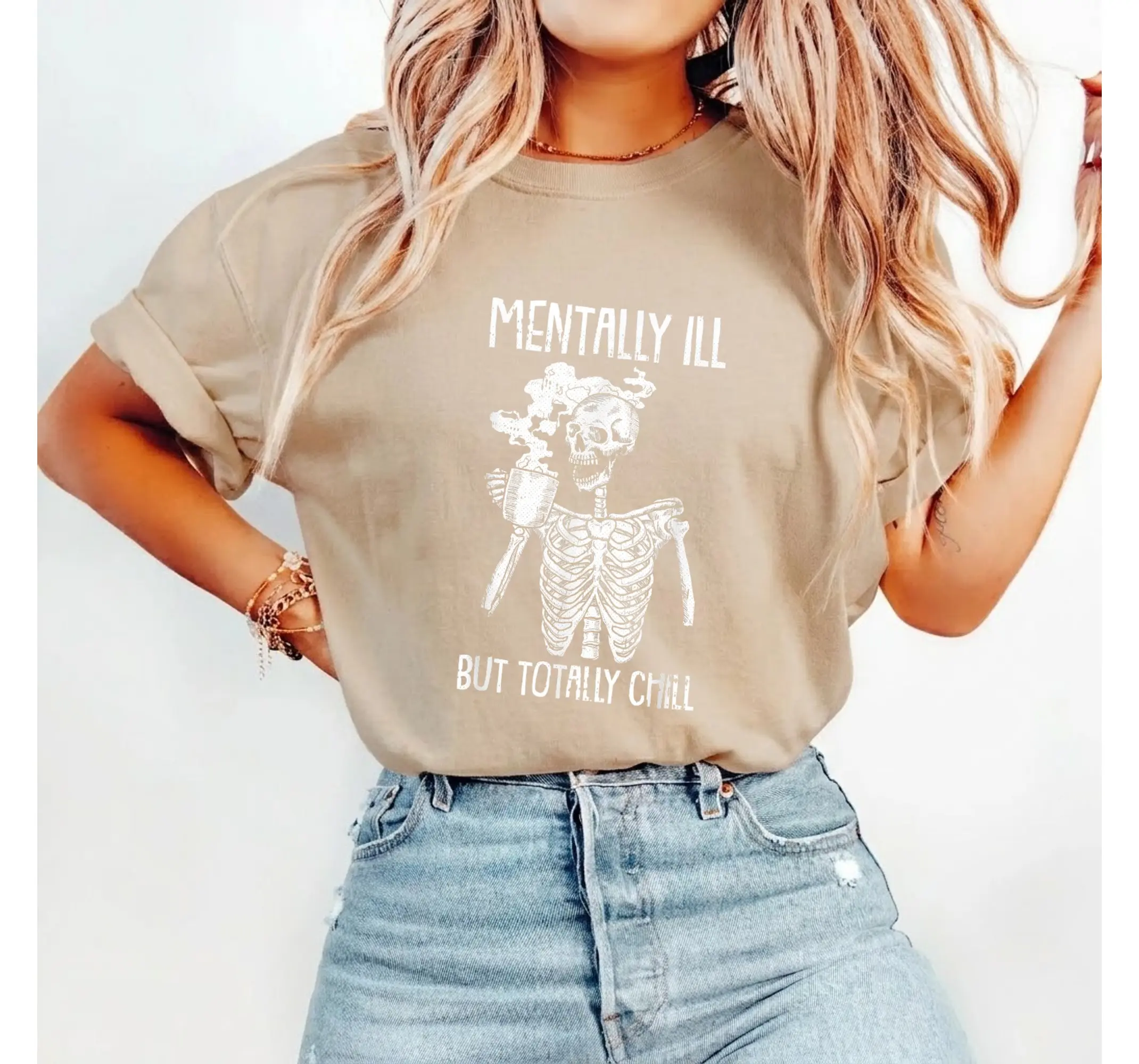 Funny Skeleton Halloween Shirt, Mental Health Humor Spooky Graphic Tee - photo 3