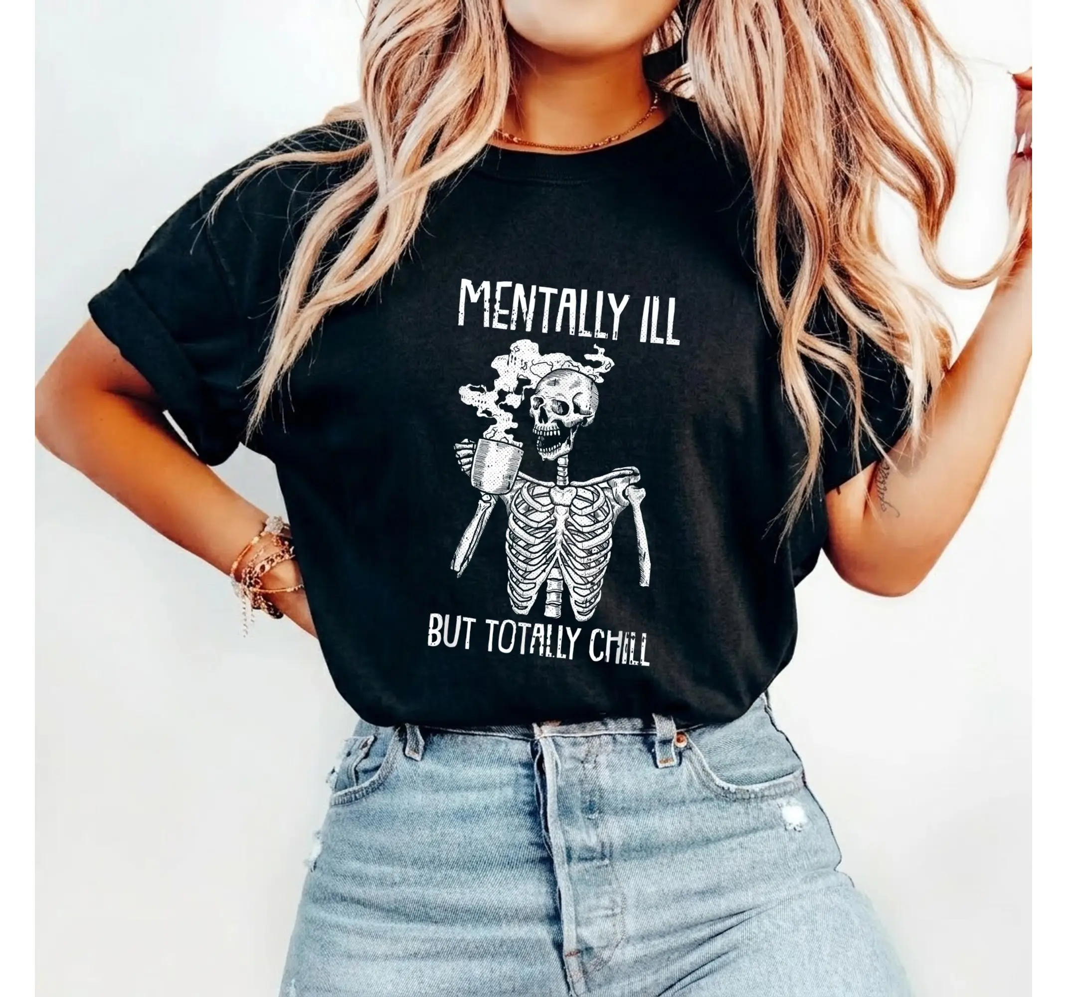 Funny Skeleton Halloween Shirt, Mental Health Humor Spooky Graphic Tee - photo 4