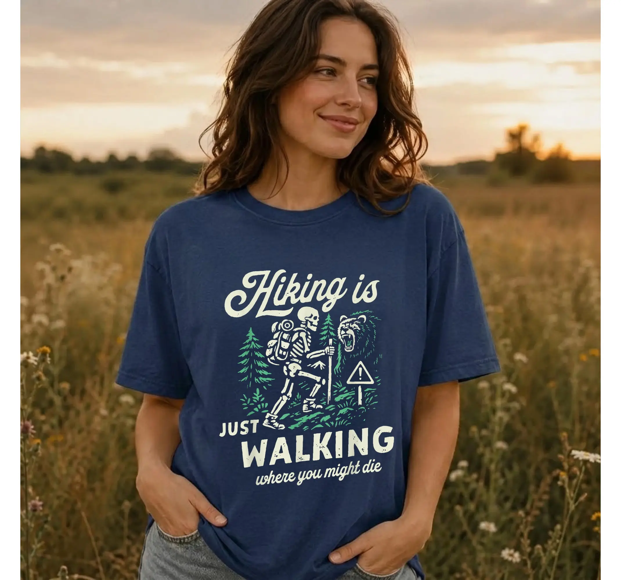 Funny Skeleton Hiking Tee, Humorous Walking Sarcastic Outdoor Trek Graphic Shirt