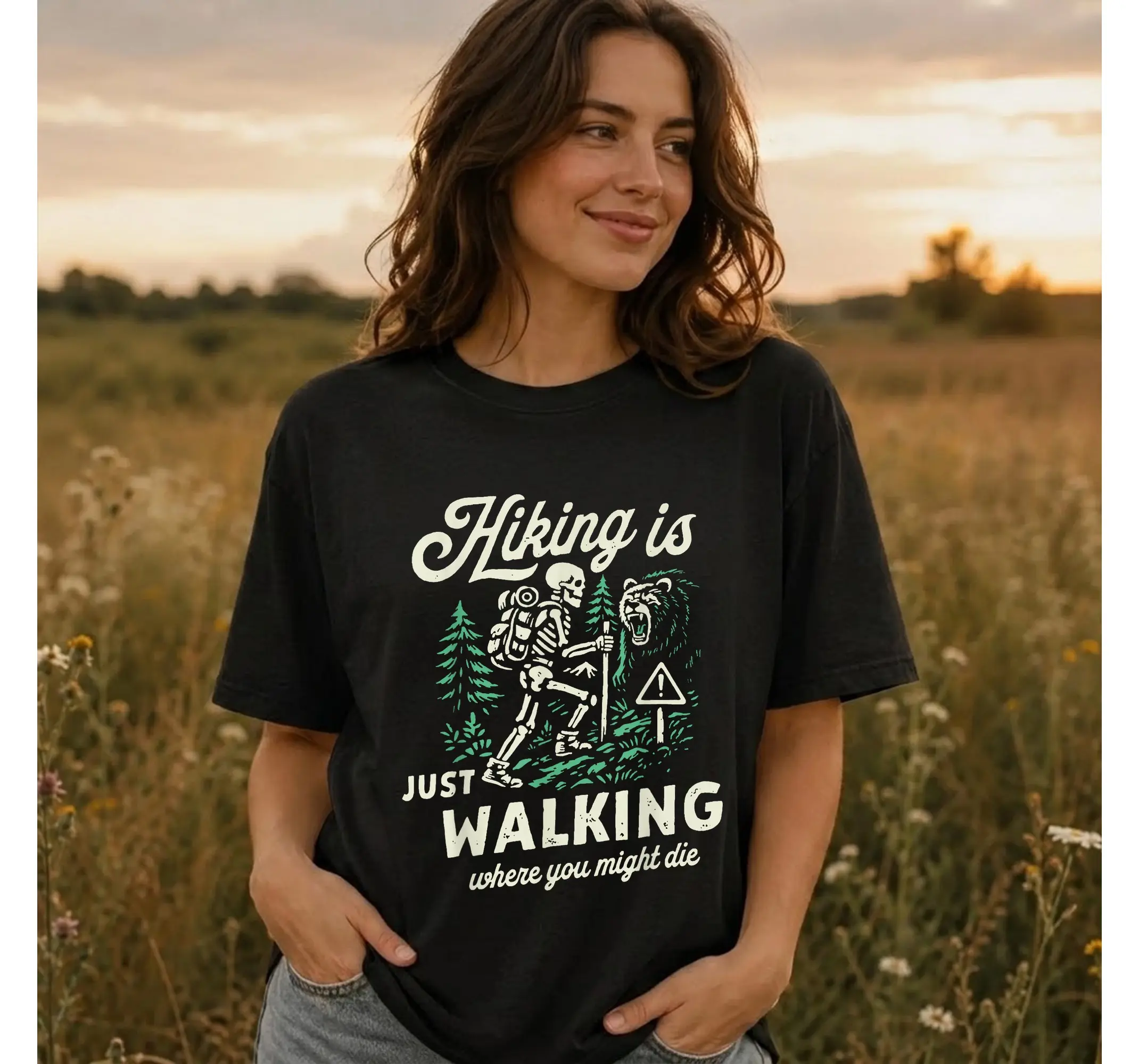 Funny Skeleton Hiking Tee, Humorous Walking Sarcastic Outdoor Trek Graphic Shirt - photo 2