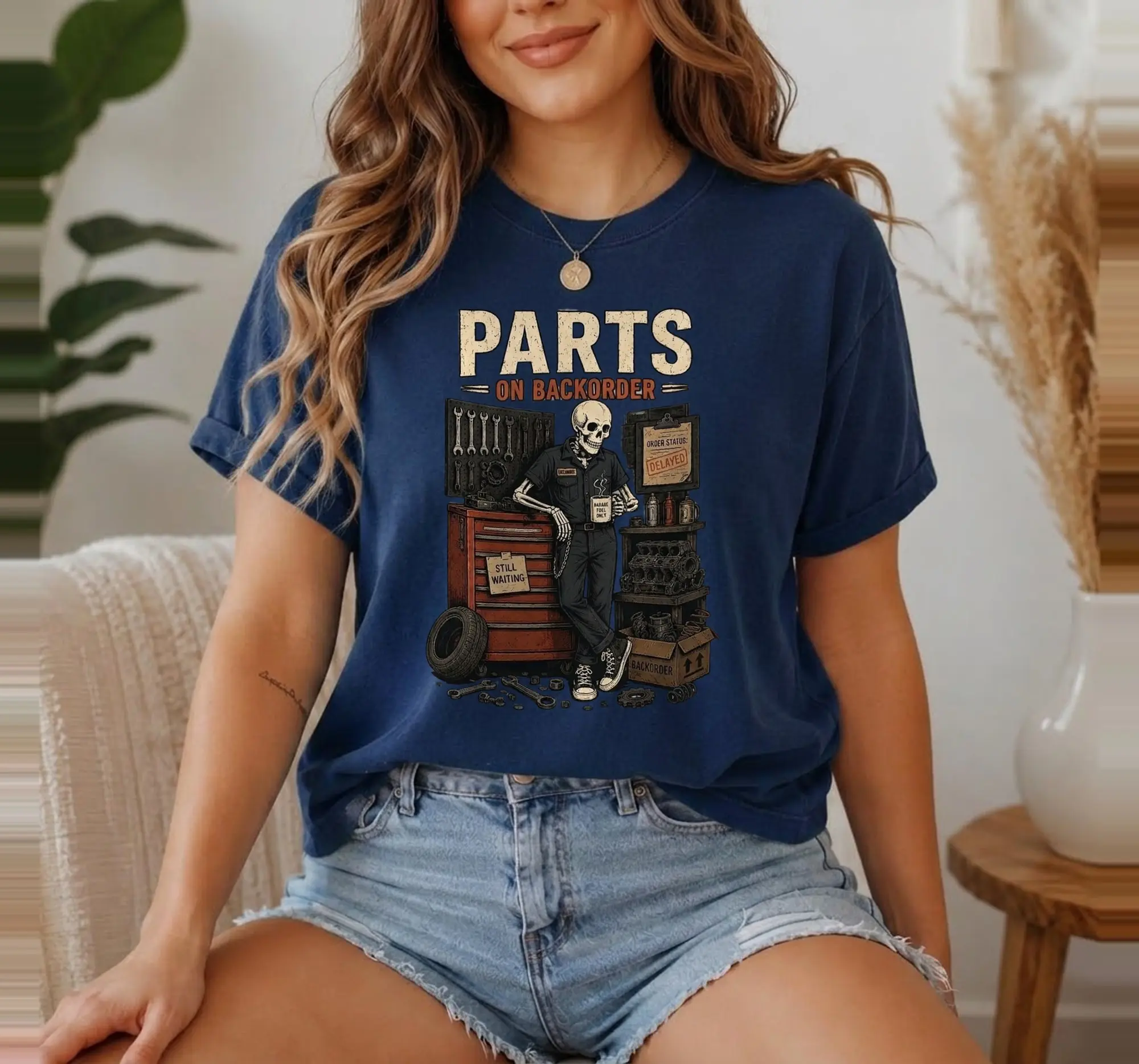 Funny Skeleton Mechanic Shirt, Waiting for Repairs Auto Tech Car Garage Unisex Graphic Tee Gift - photo 2