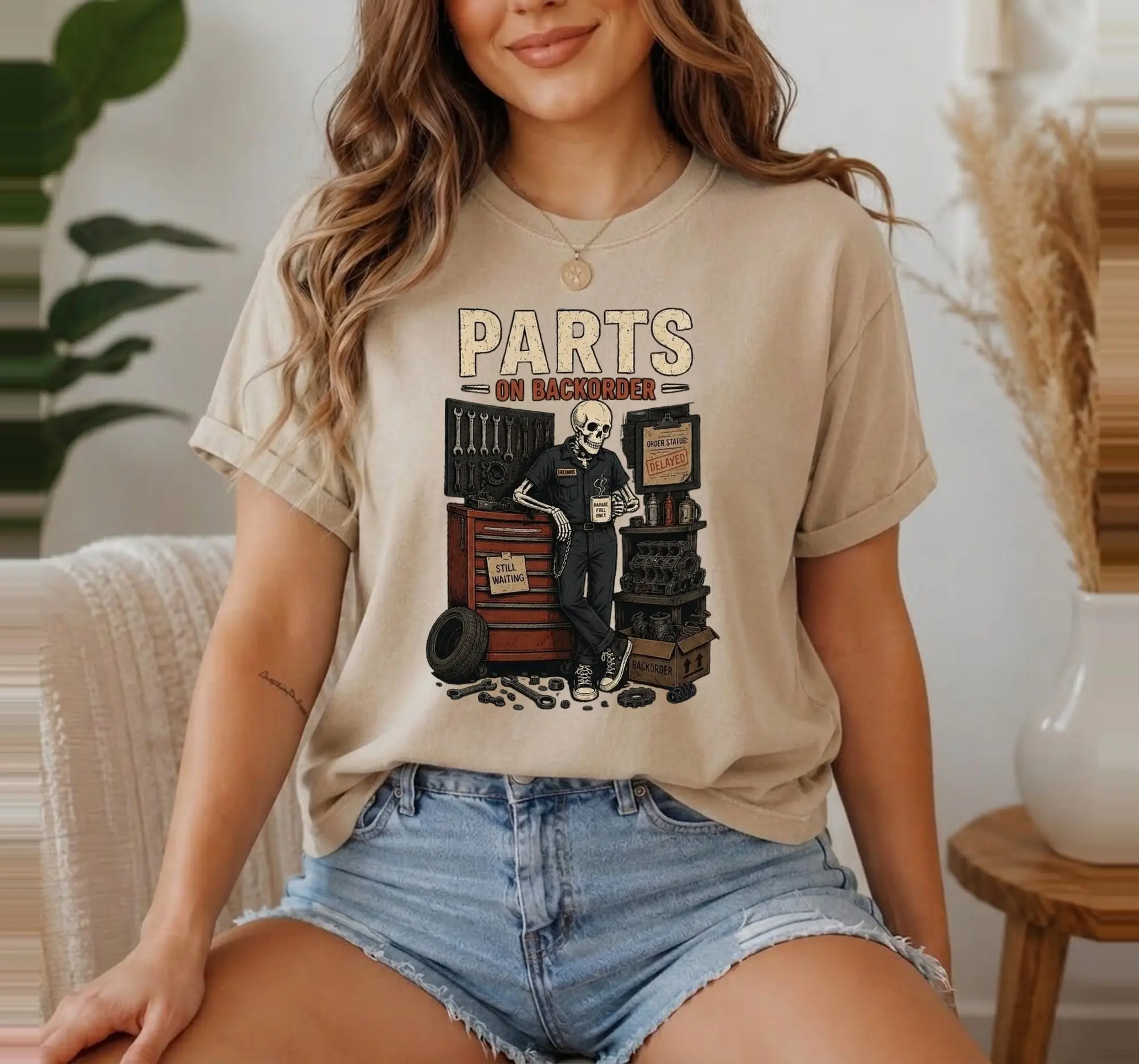 Funny Skeleton Mechanic Shirt, Waiting for Repairs Auto Tech Car Garage Unisex Graphic Tee Gift - photo 3