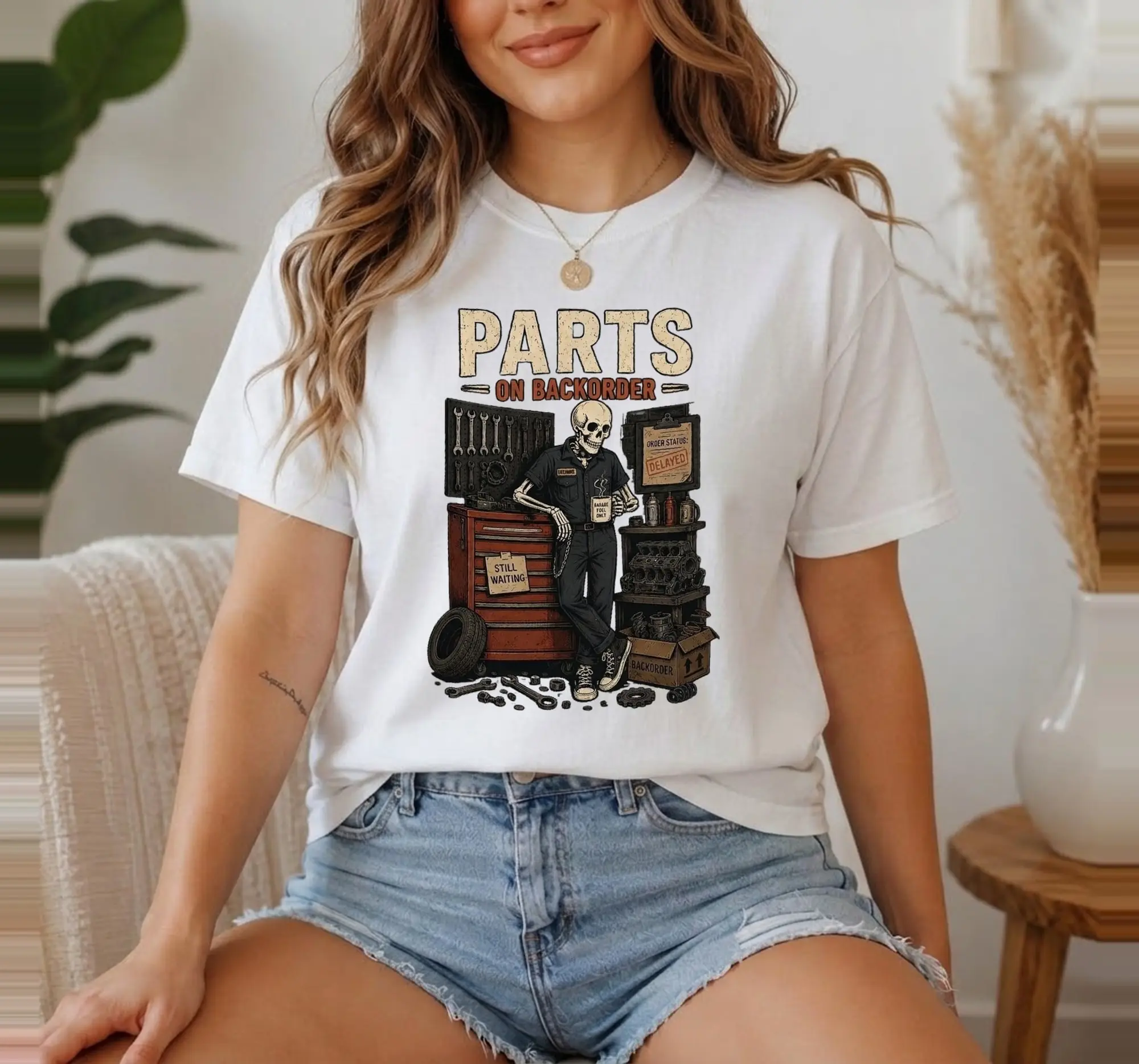 Funny Skeleton Mechanic Shirt, Waiting for Repairs Auto Tech Car Garage Unisex Graphic Tee Gift - photo 4
