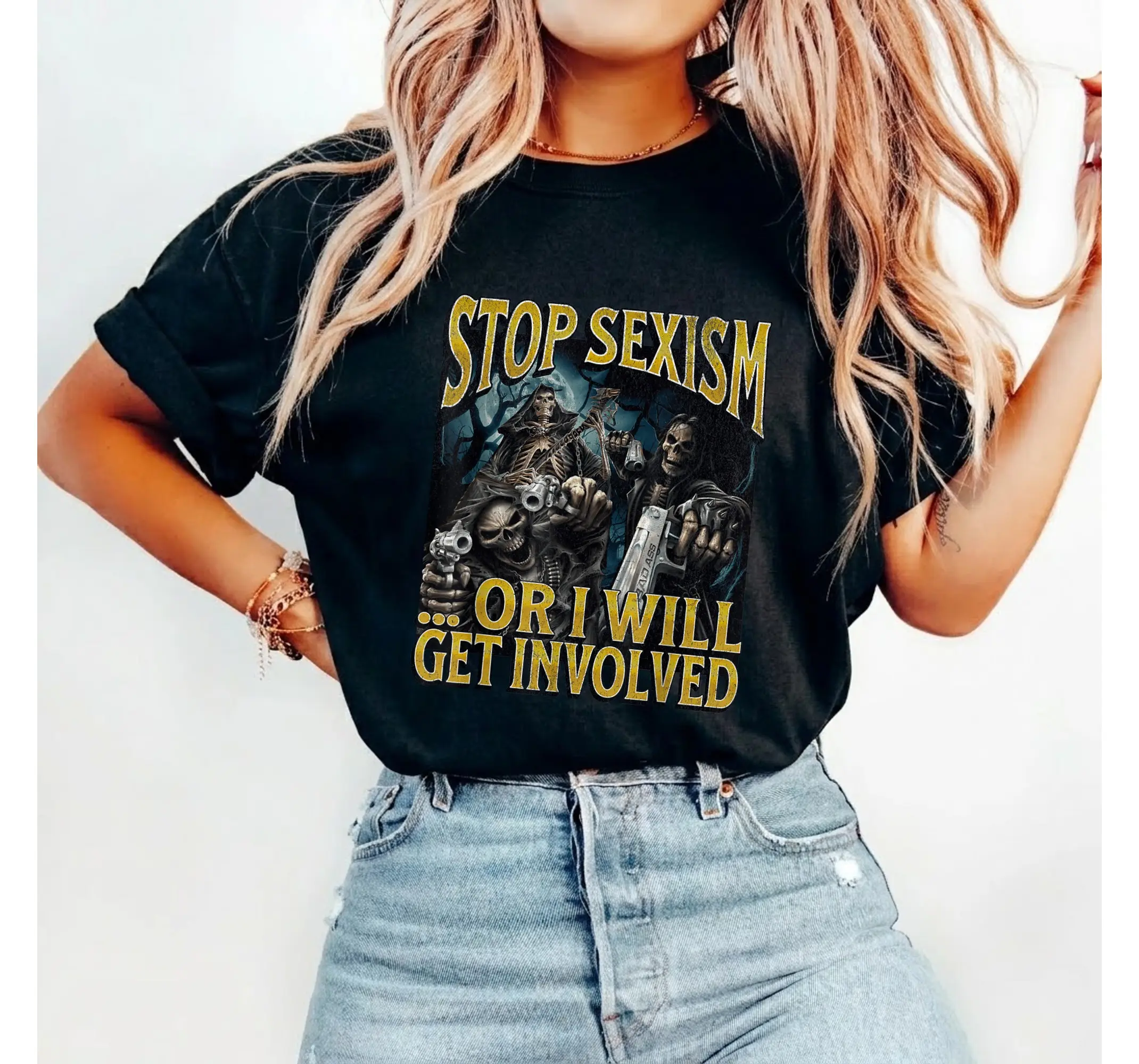 Funny Skeleton Meme Graphic Tee, Anti Sexism Edgy Humor Vintage Streetwear Shirt