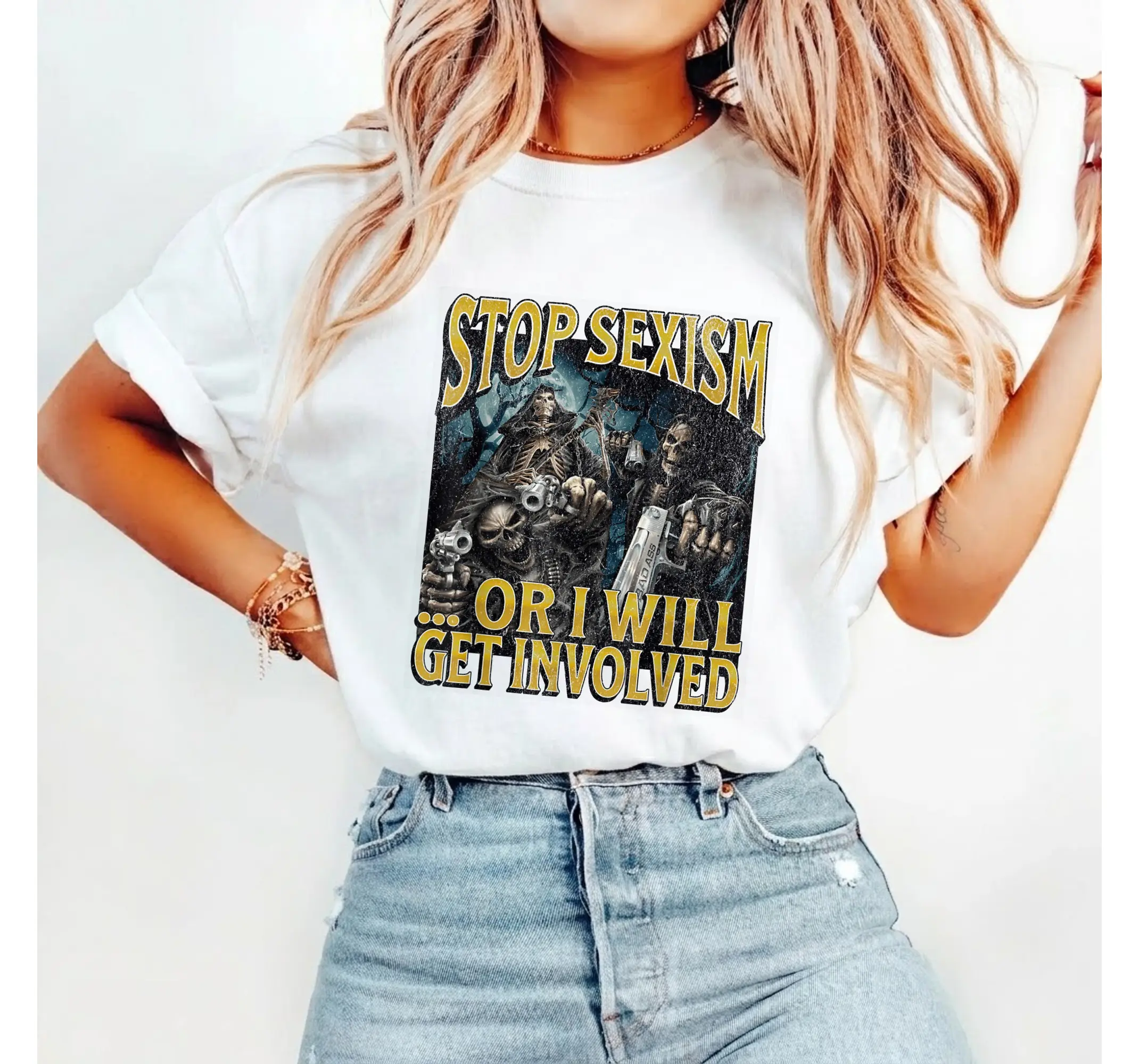 Funny Skeleton Meme Graphic Tee, Anti Sexism Edgy Humor Vintage Streetwear Shirt - photo 2