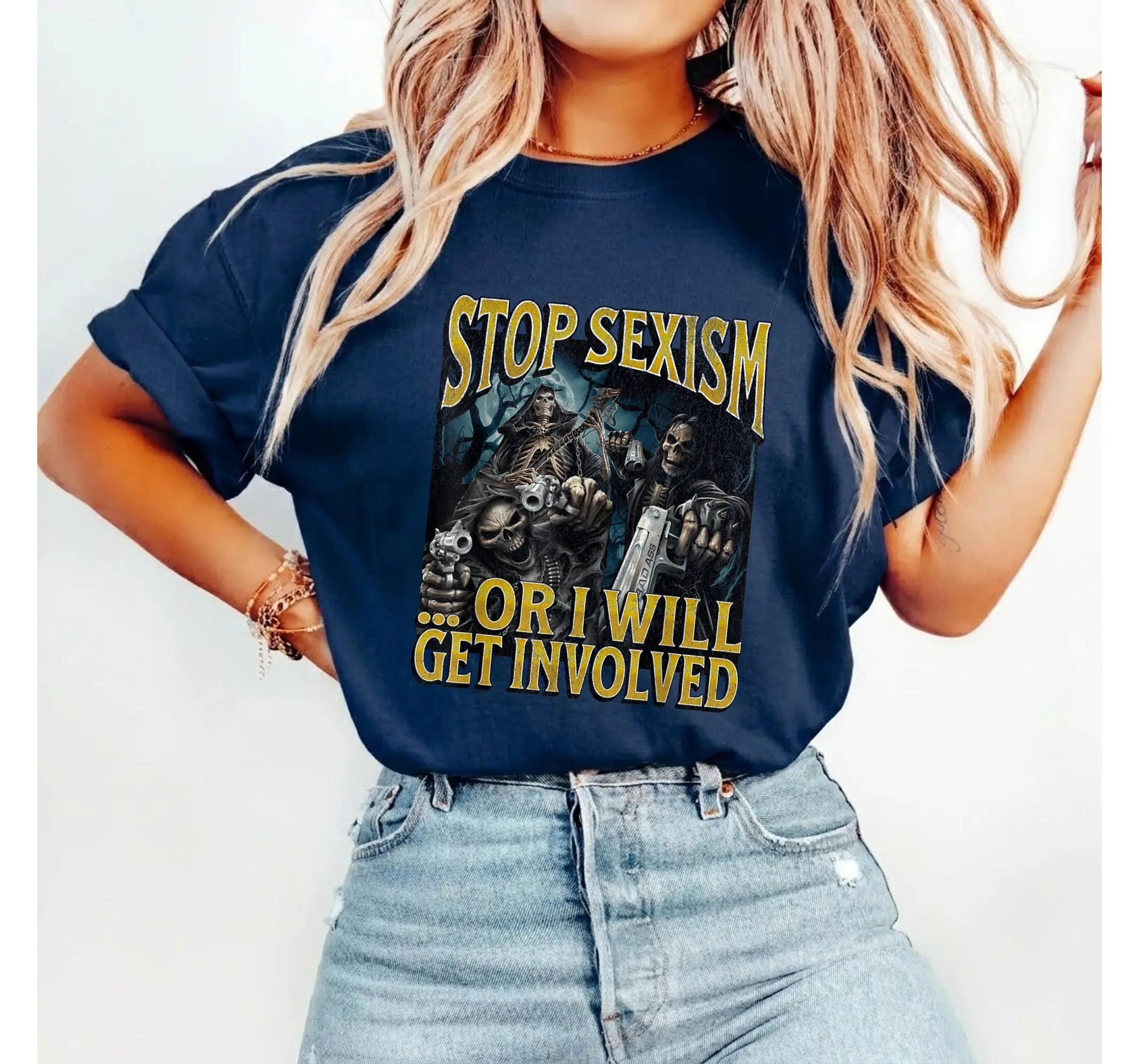 Funny Skeleton Meme Graphic Tee, Anti Sexism Edgy Humor Vintage Streetwear Shirt - photo 3